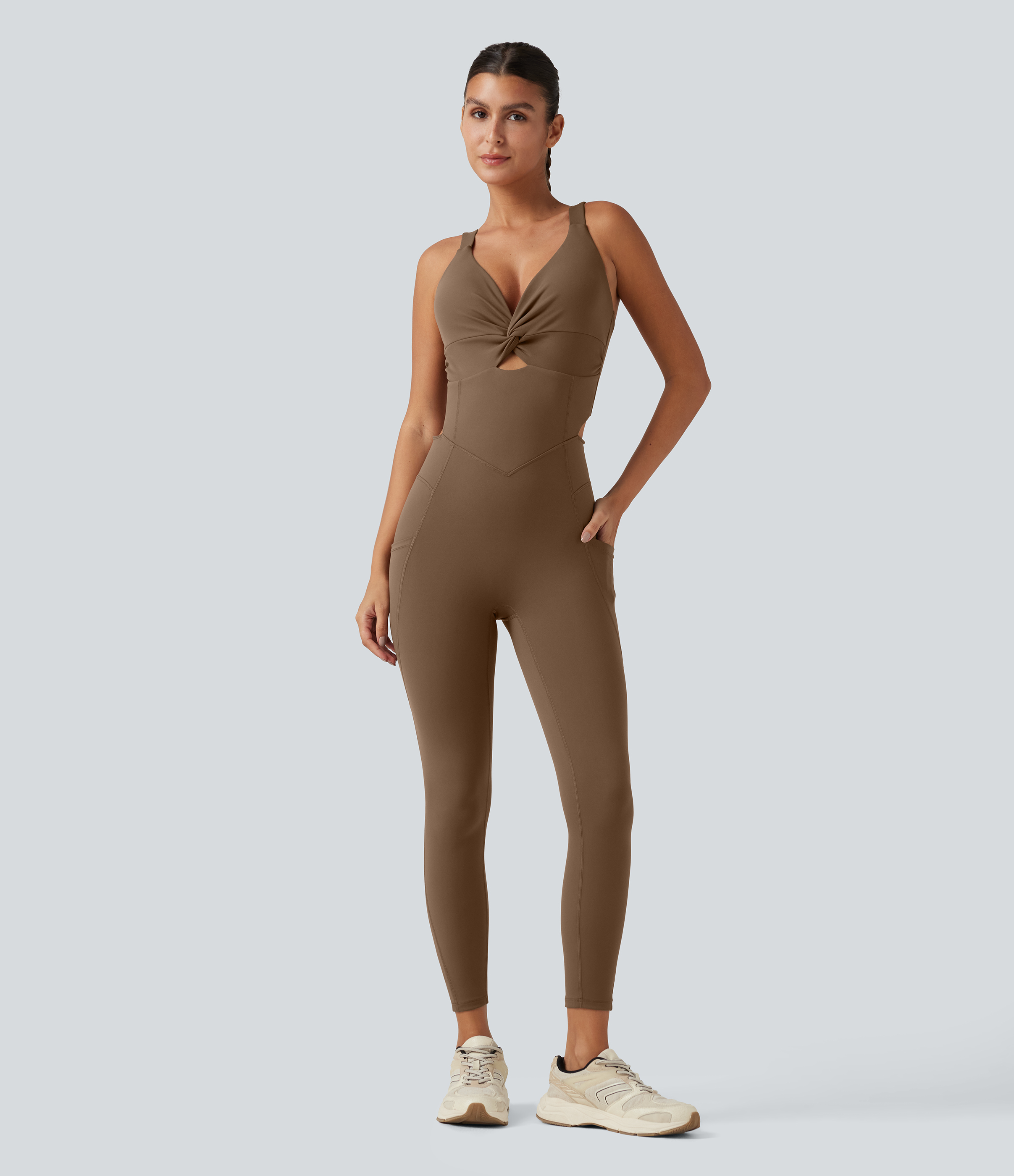 DayStretch V Neck Built-in Bra Workout Jumpsuit with Pockets-Easy Peezy Edition