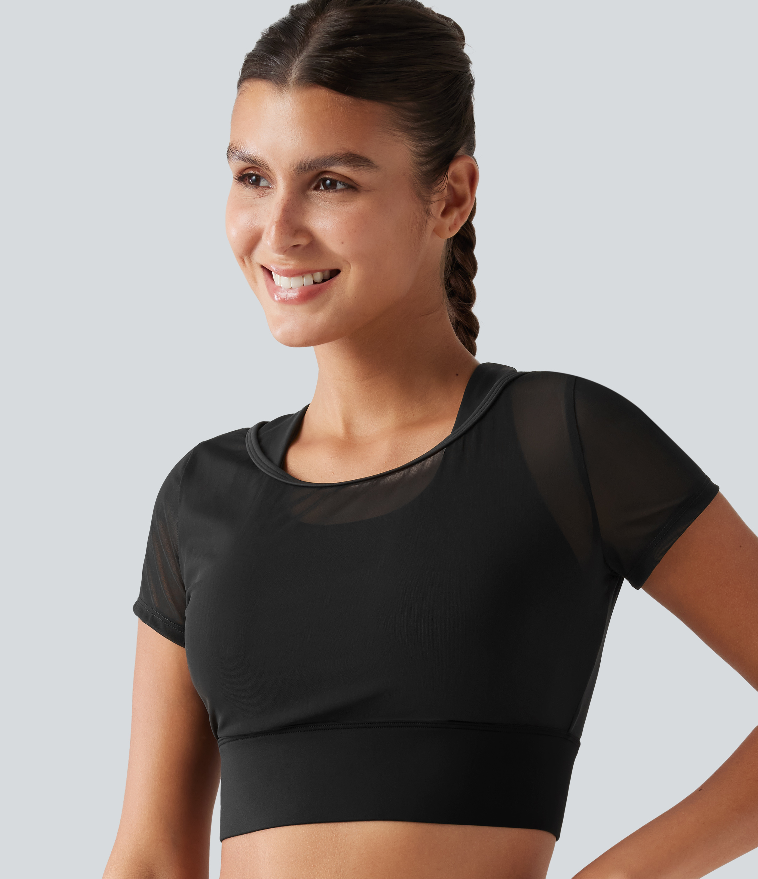 Halara Boat Neck Built-in Bra Short Sleeve Contrast Mesh Cool Touch Quick Dry Cropped Running Sports Top-UPF50+