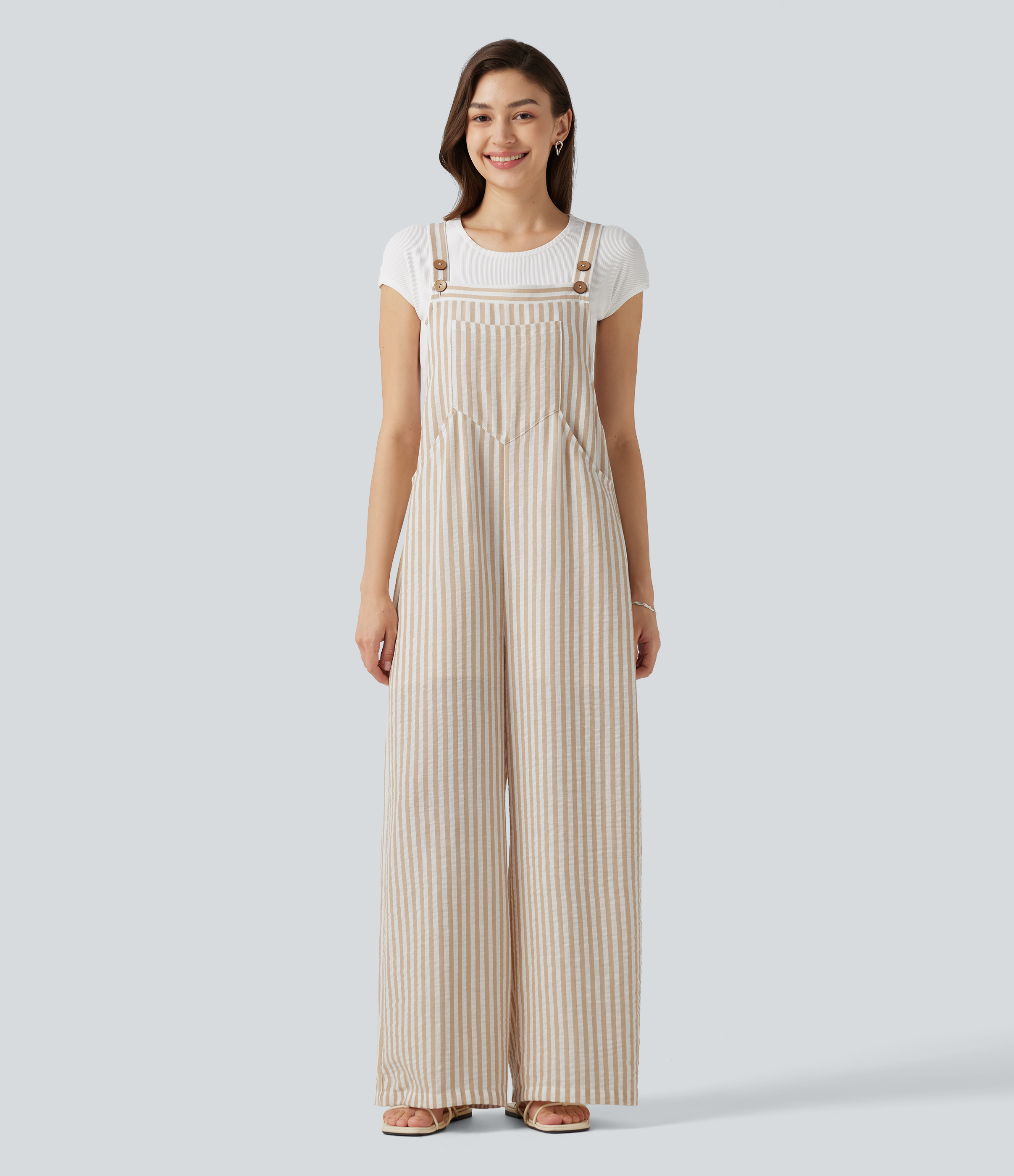 Stripe Casual Linen-Feel Overalls with Pockets