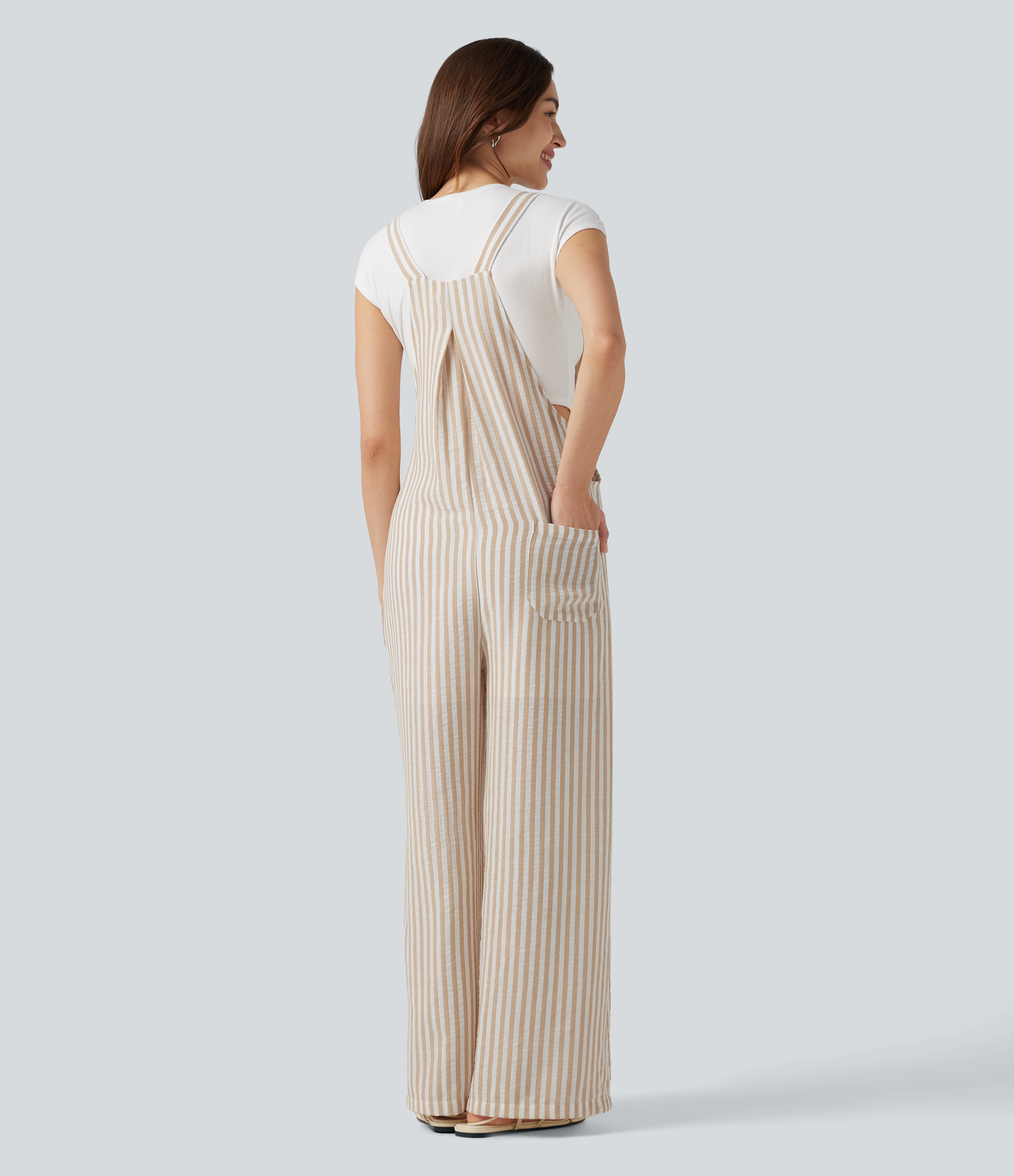 Oatline Stripe Casual Linen-Feel Overalls with Pockets / 2
