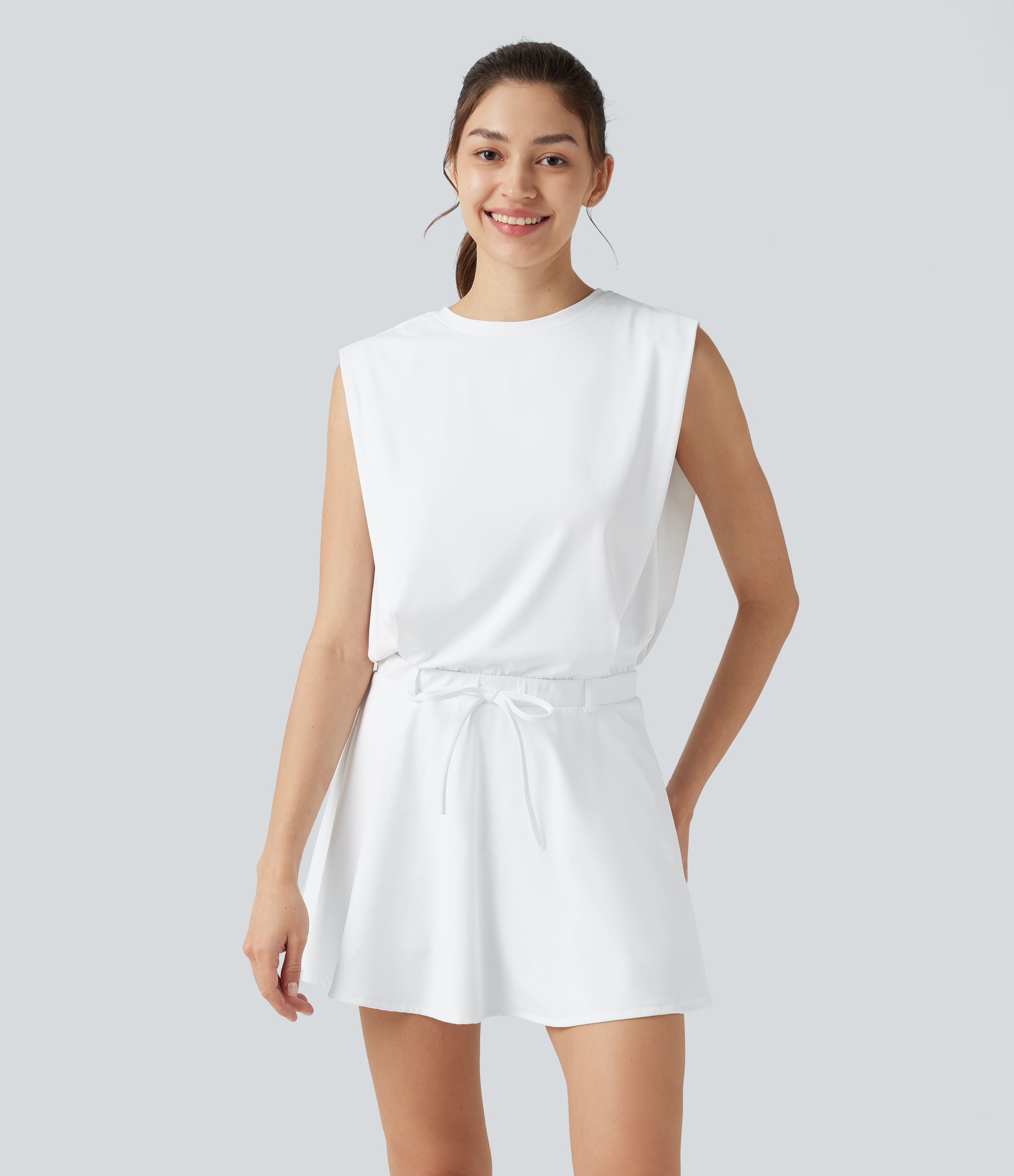 SoftlyZero™ Airy Round Neck Sleeveless Drawstring InstantCool 2-Piece Mini Workout Active Dress with Pockets-UPF50+
