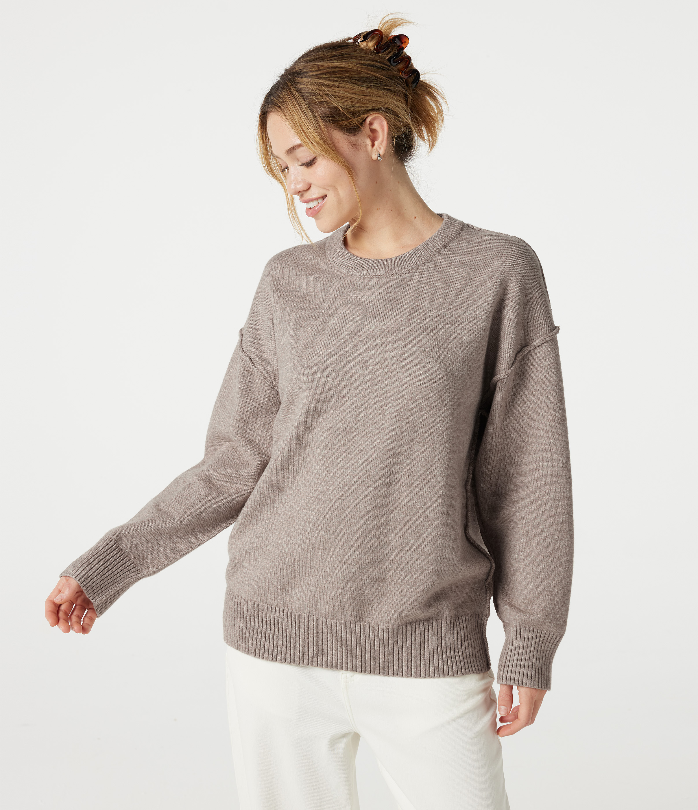 Round Neck Dropped Shoulder Long Sleeve Casual Sweater