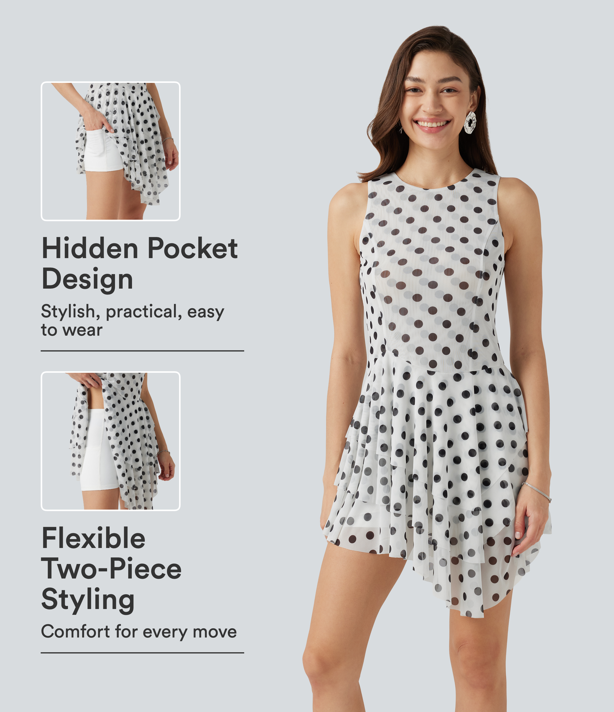 Round Neck Sleeveless Asymmetric Layered 2-Piece Polka Dot Mini Dress with Pocket