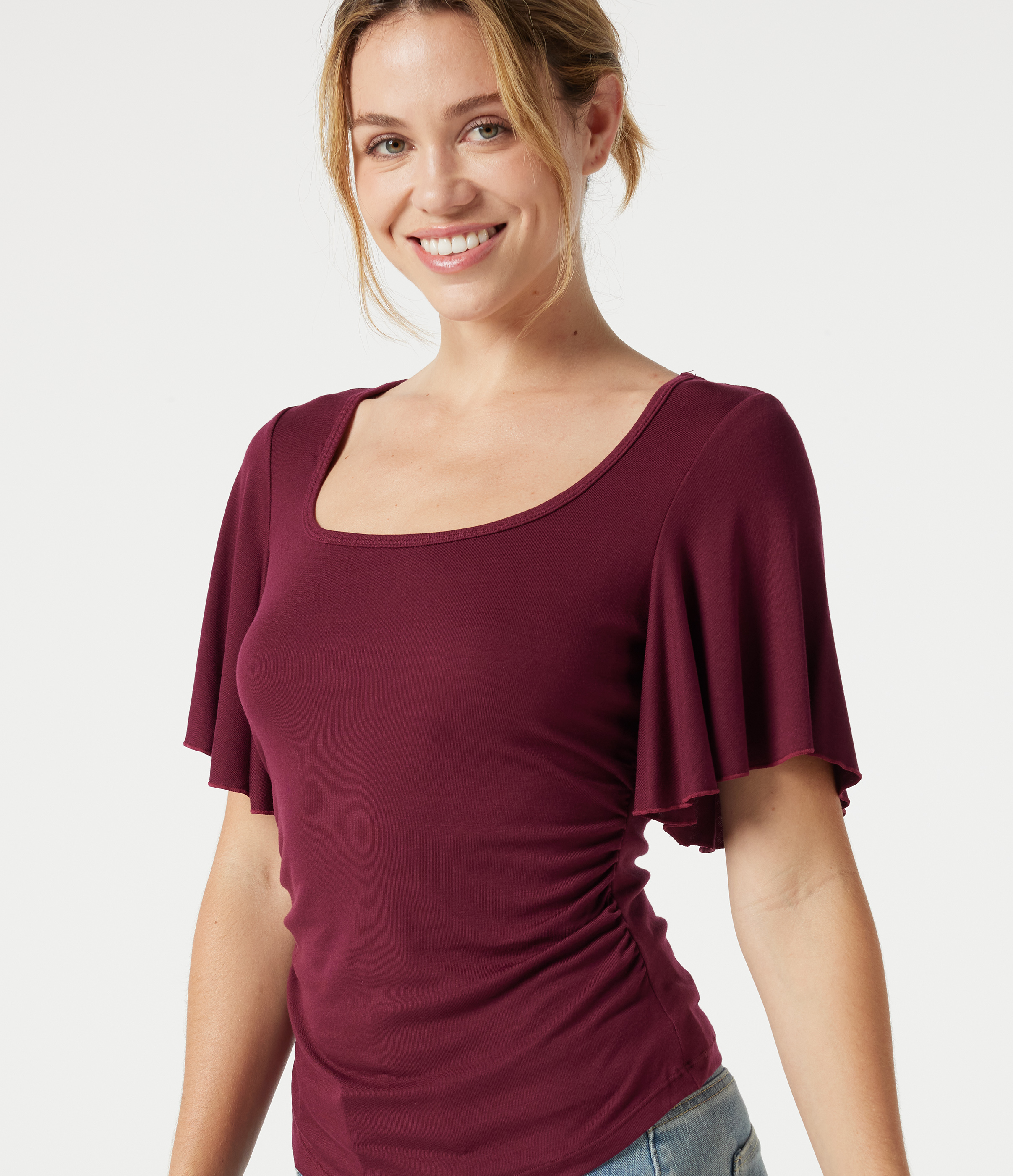 Ribbed Square Neck Butterfly Sleeve Ruched Casual T-Shirt