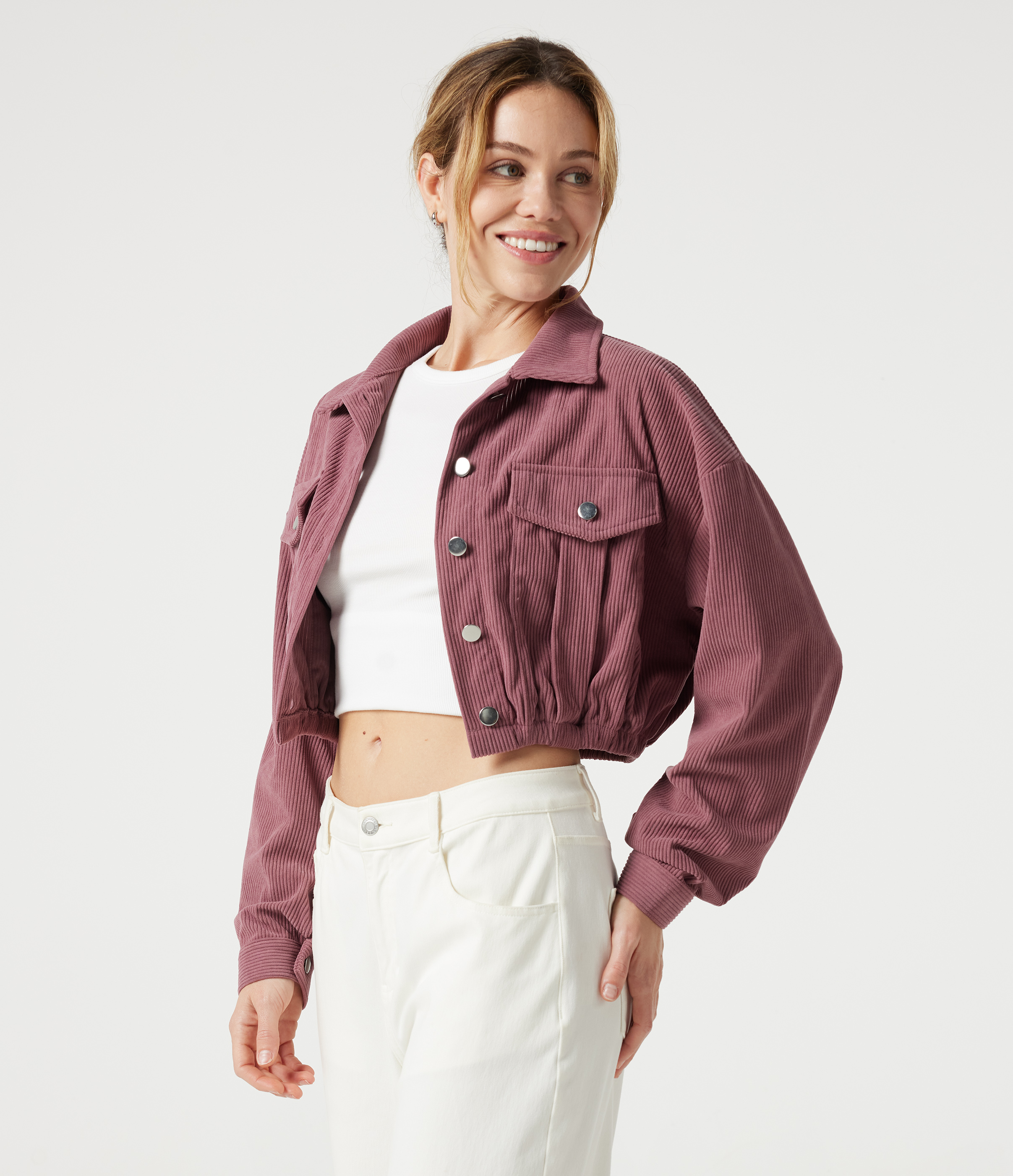 Pocket Cropped Corduroy Casual Jacket