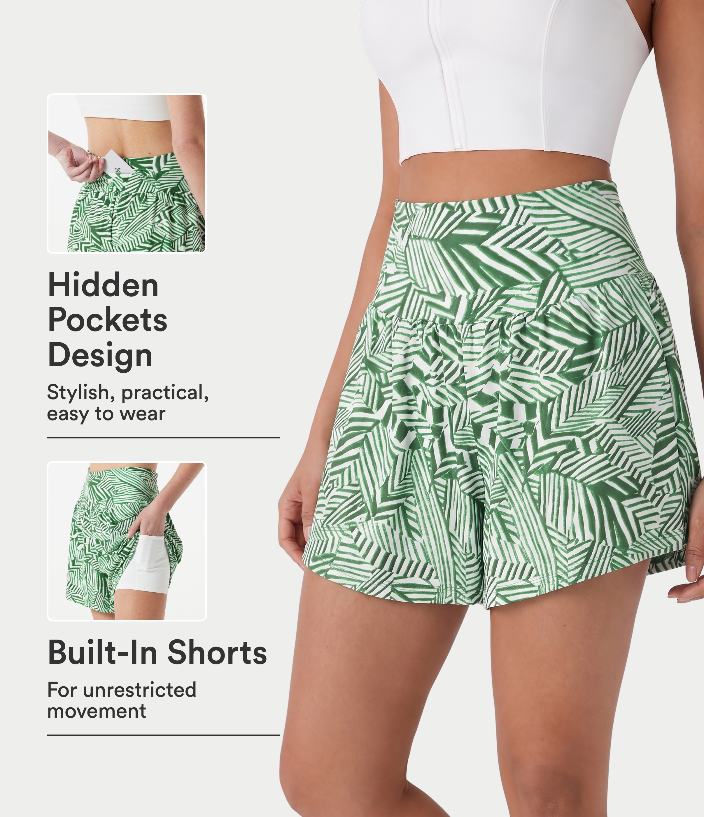 High Waisted 2-in-1 Tropical Plant Print Shorts 5'' with Pockets