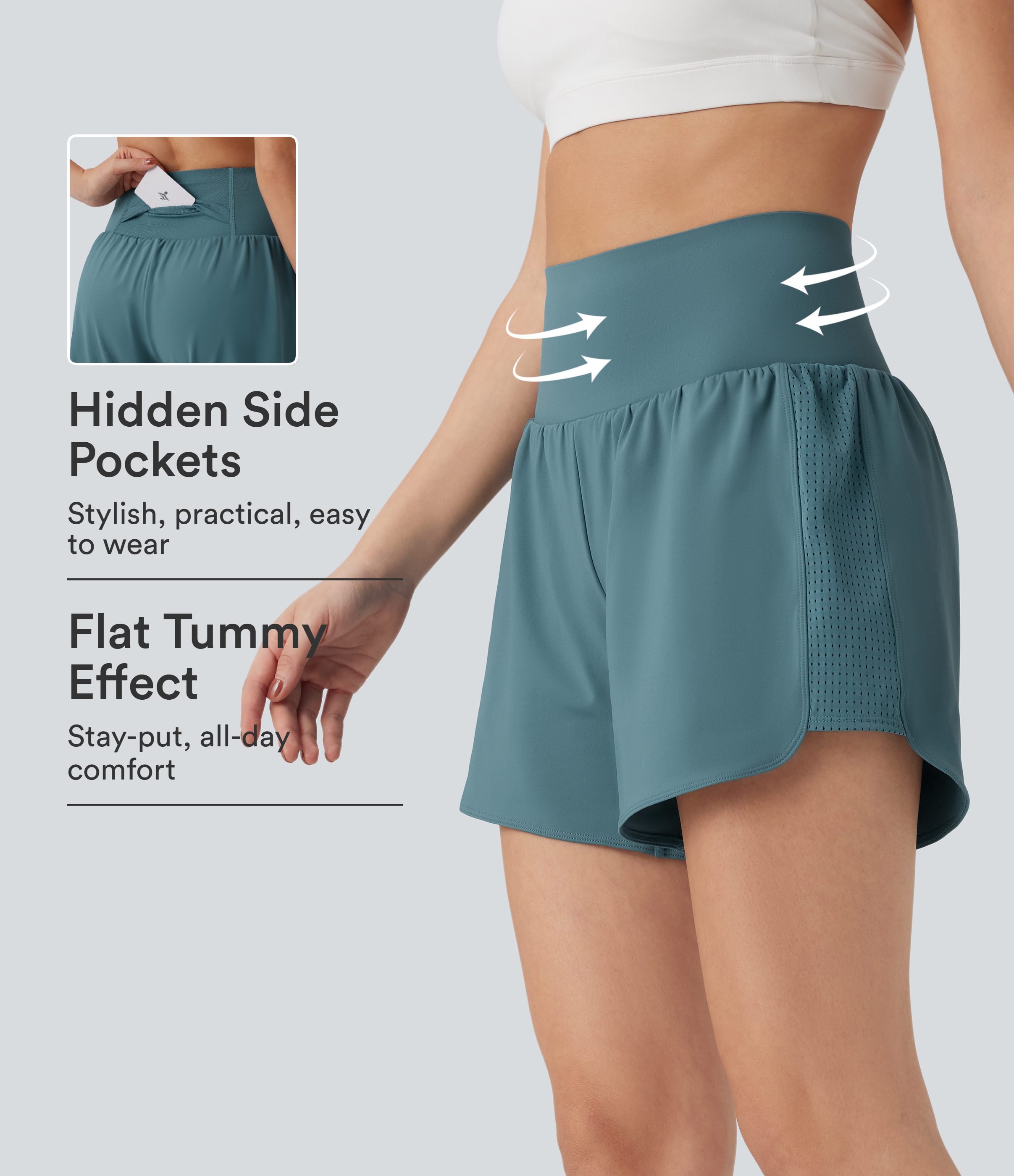 Mineral Blue SoCinched Super short de yoga 2-en-1 taille haute galbant le ventre, mesh contrasté, 5'' avec poches / 1