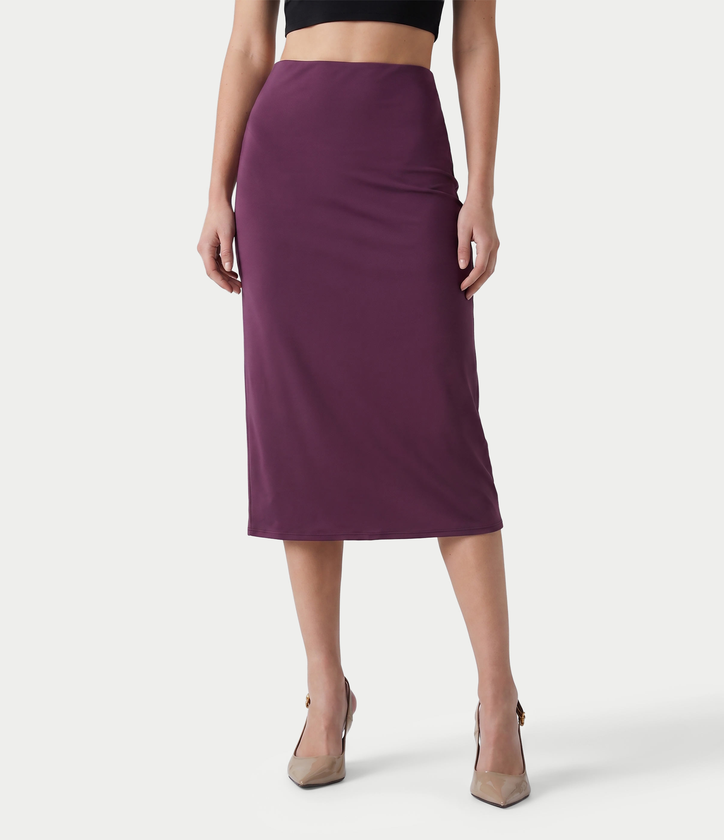 High Waisted Ruched Stretchy Satin-Like Cool Touch Midi Casual Pencil Skirt