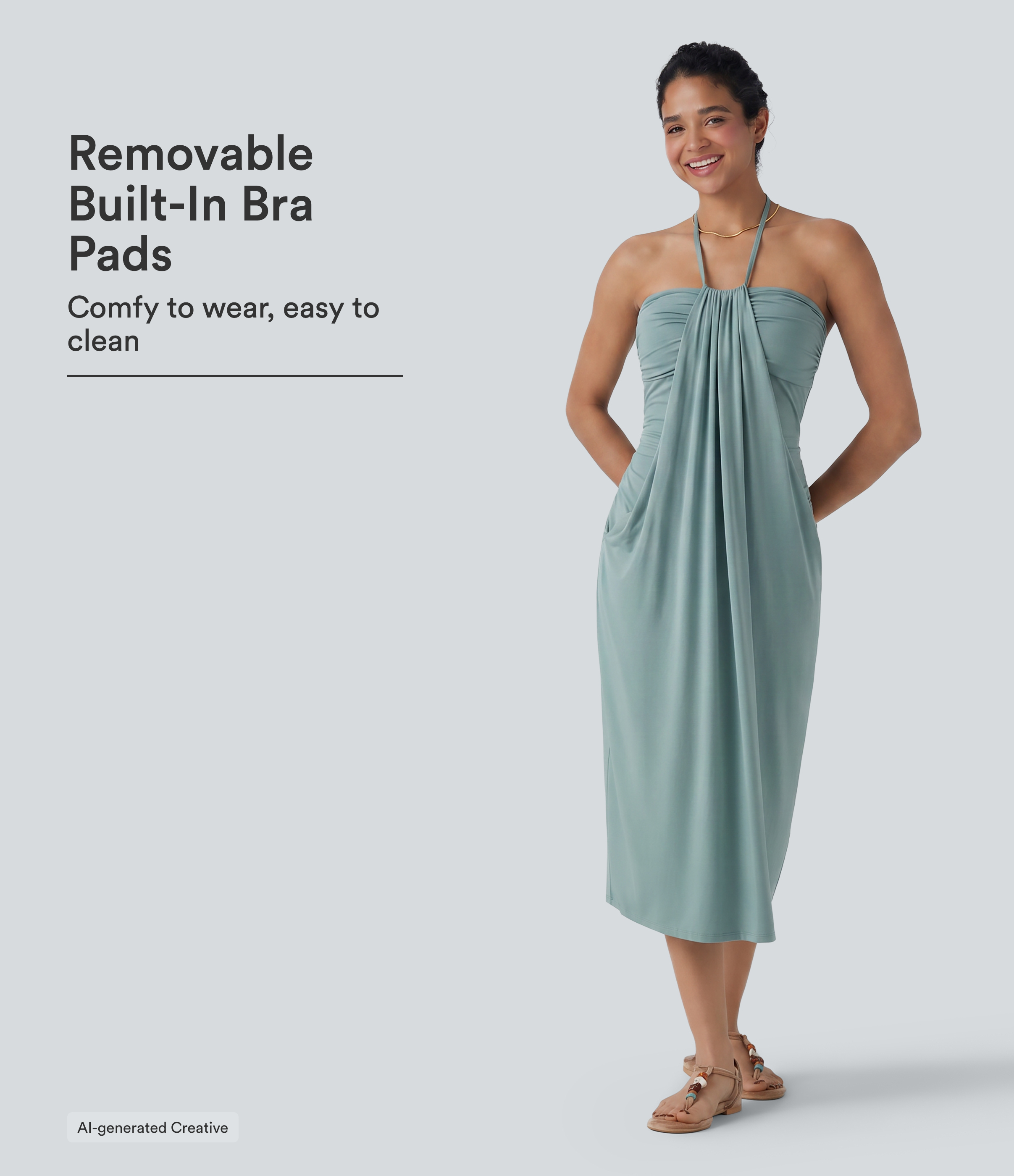 Halter Tie Back Built-in Bra Midi Resort Dress with Pockets