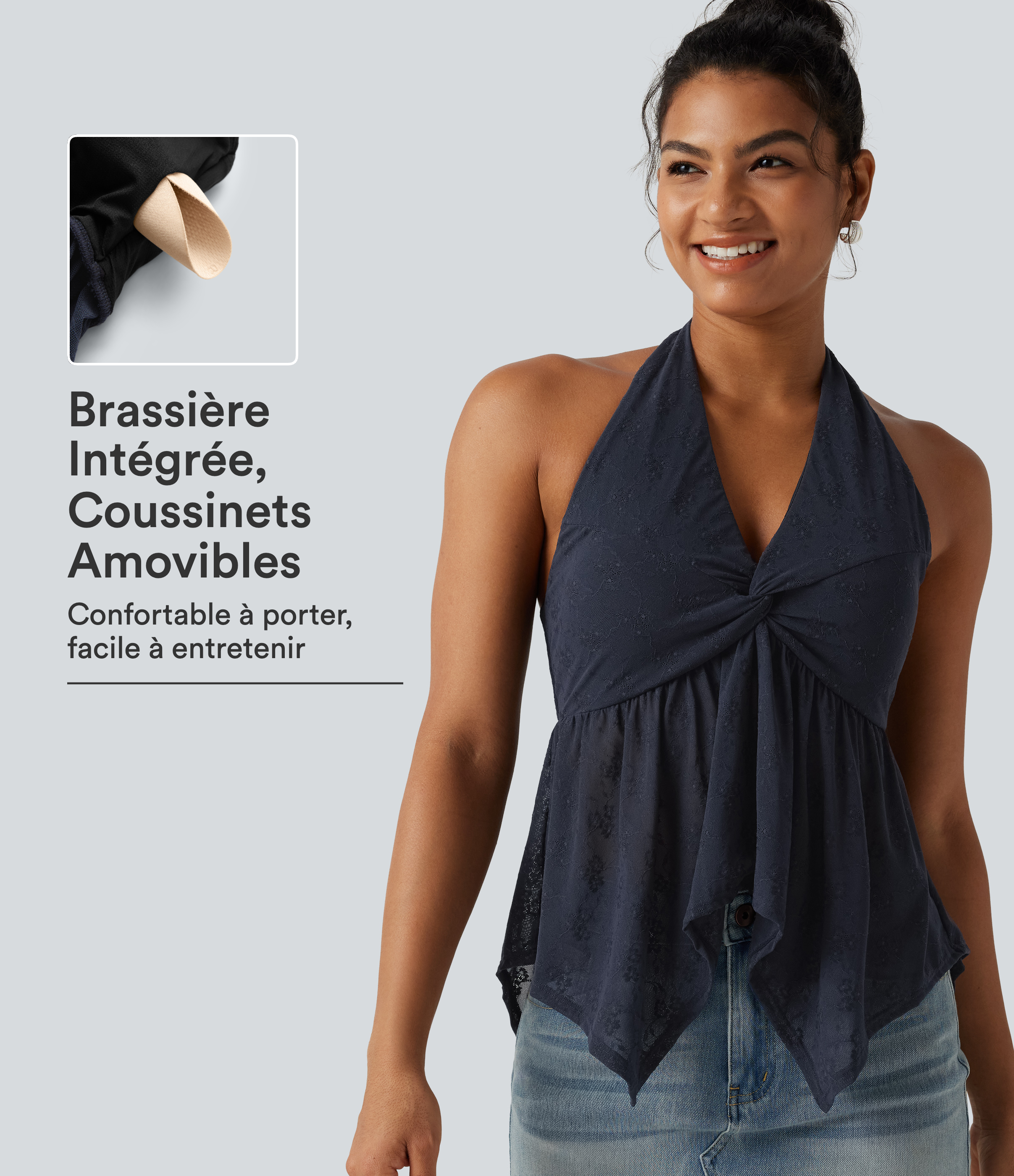 Chemisier casual en dentelle dos nu ourlet à volants avec brassière intégrée