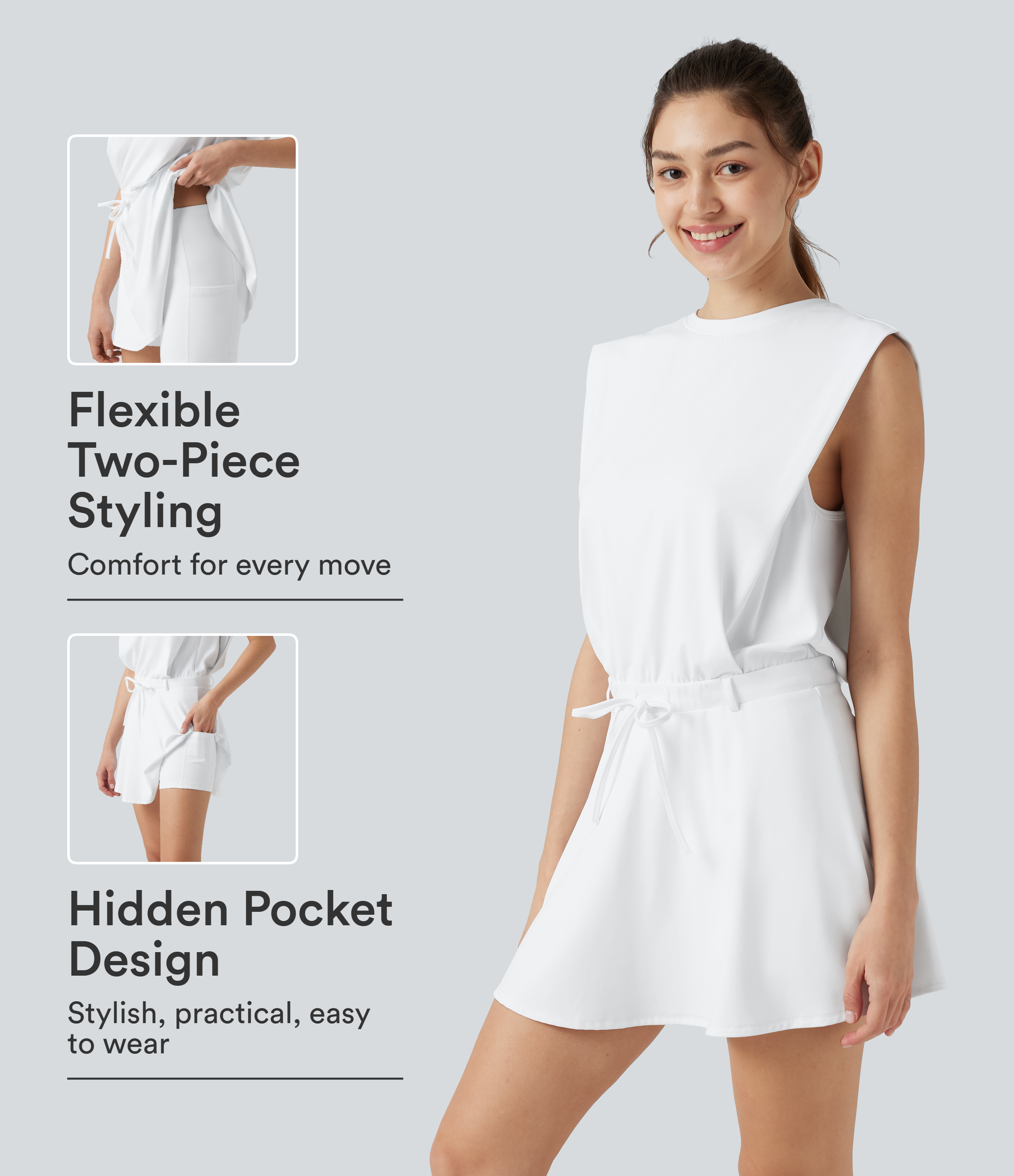 SoftlyZero™ Airy Round Neck Sleeveless Drawstring Cool Touch 2-Piece Mini Workout Active Dress with Pockets-UPF50+