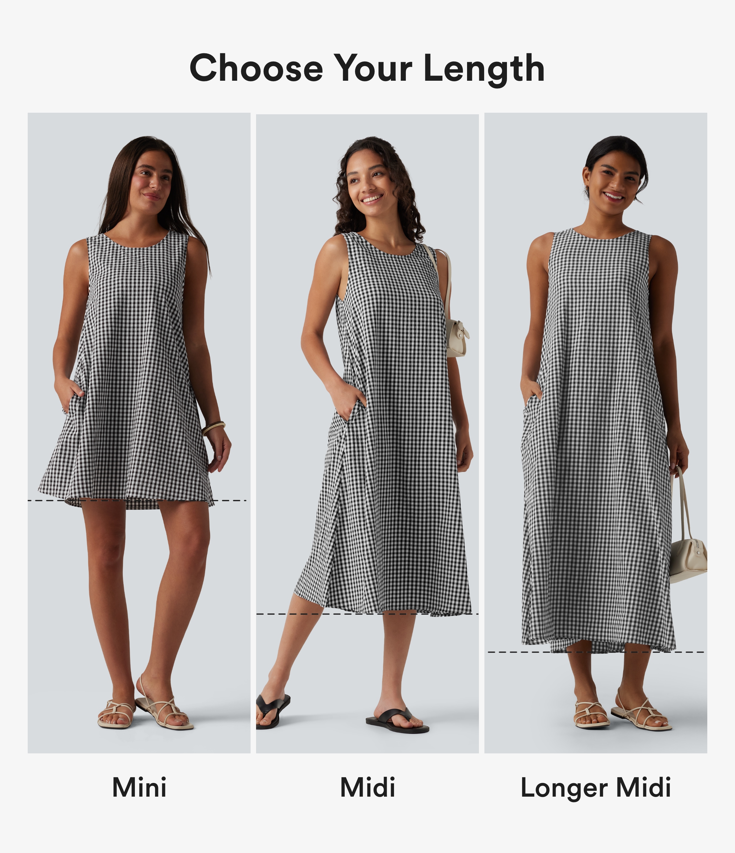 Black White Bubble Grid Round Neck Sleeveless Midi Crinkle Gingham Casual Tank Dress with Pockets / 2