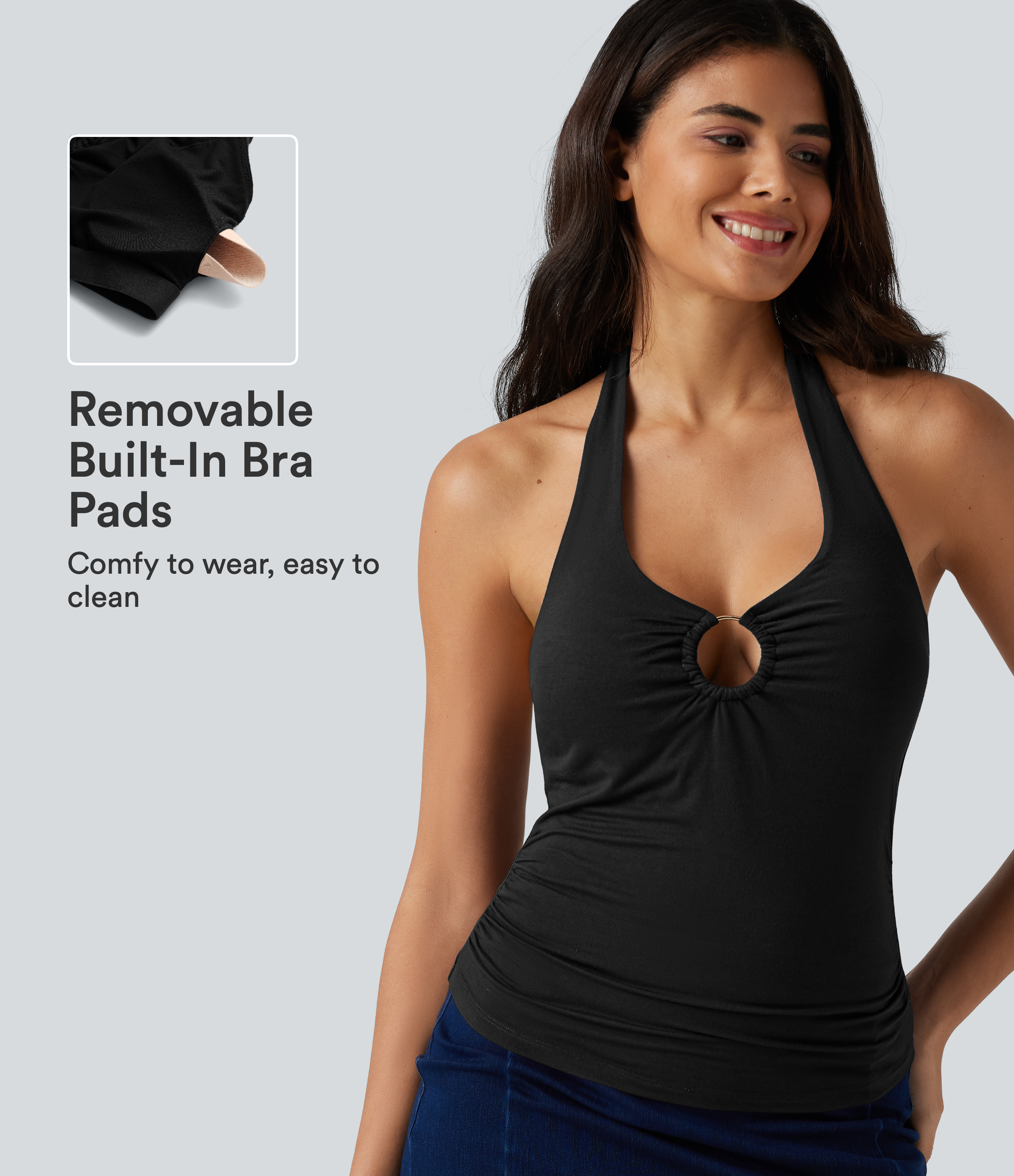 Halter Tie Back Built-in Bra Ruched Casual Tank Top