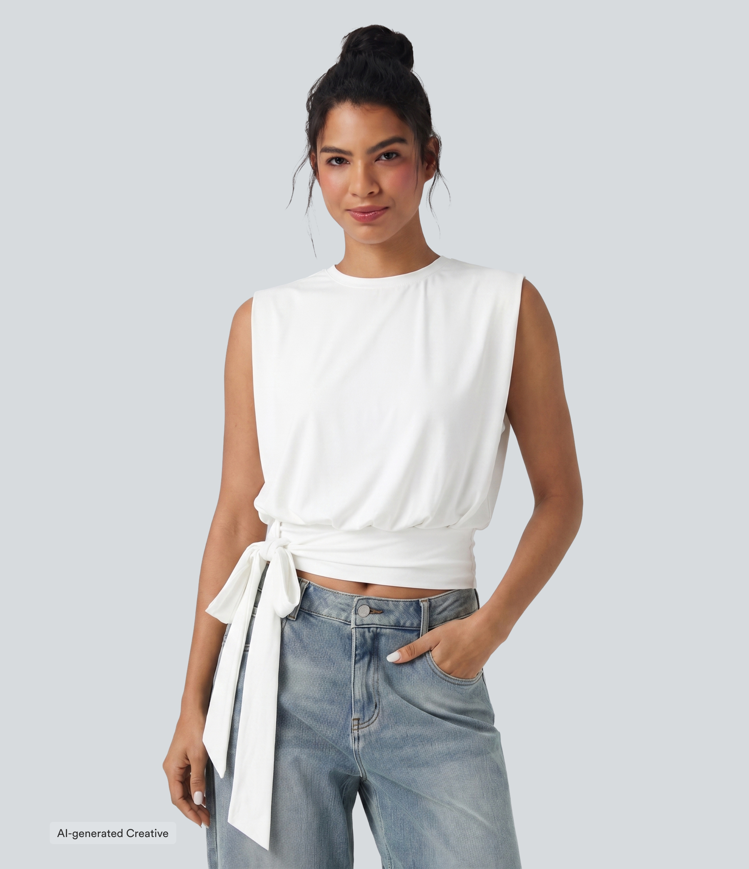 Round Neck Sleeveless Tie Side Cool Touch Casual Top-UPF50+