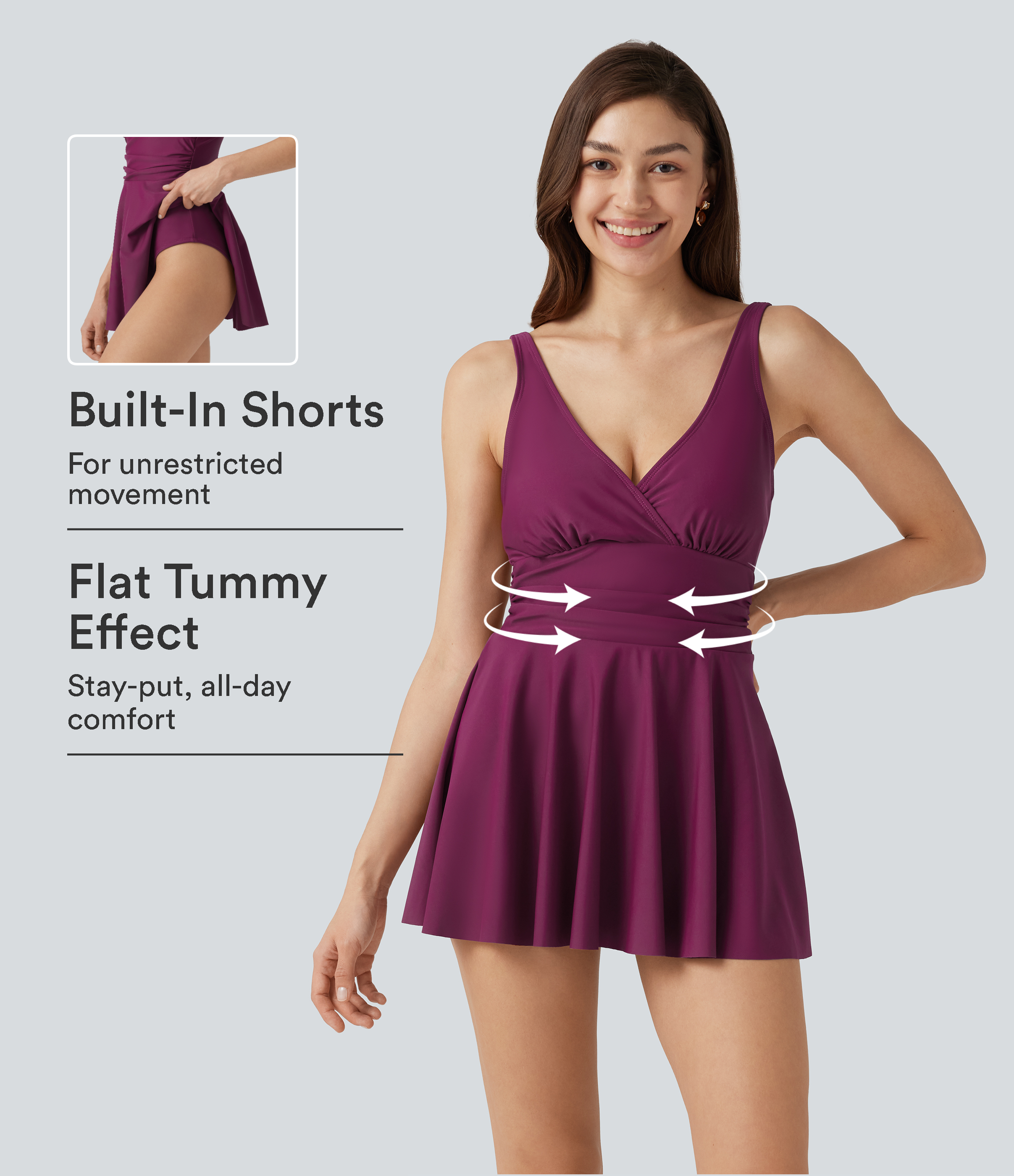 Deep V Neck Sleeveless Built-in Bra Tummy Control 2-in-1 One-Piece Swimsuit