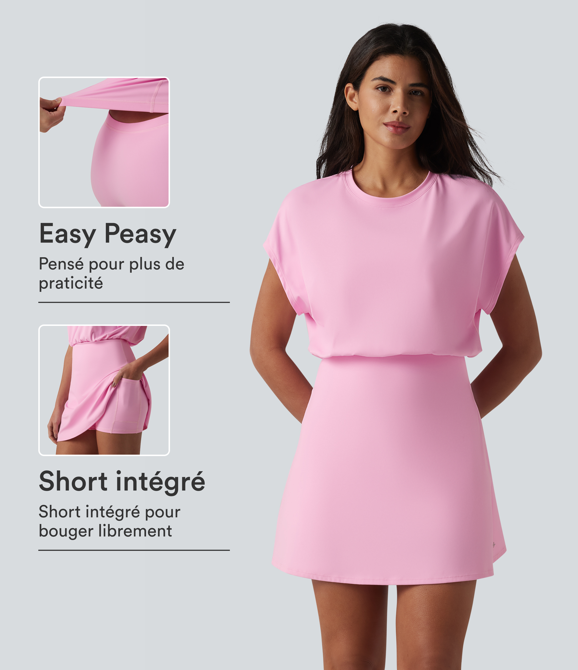 SoftlyZero™ Airy Robe sport mini 2-en-1 de yoga toucher frais col rond à manches courtes, demi-zip et poches – Édition Easy Peasy