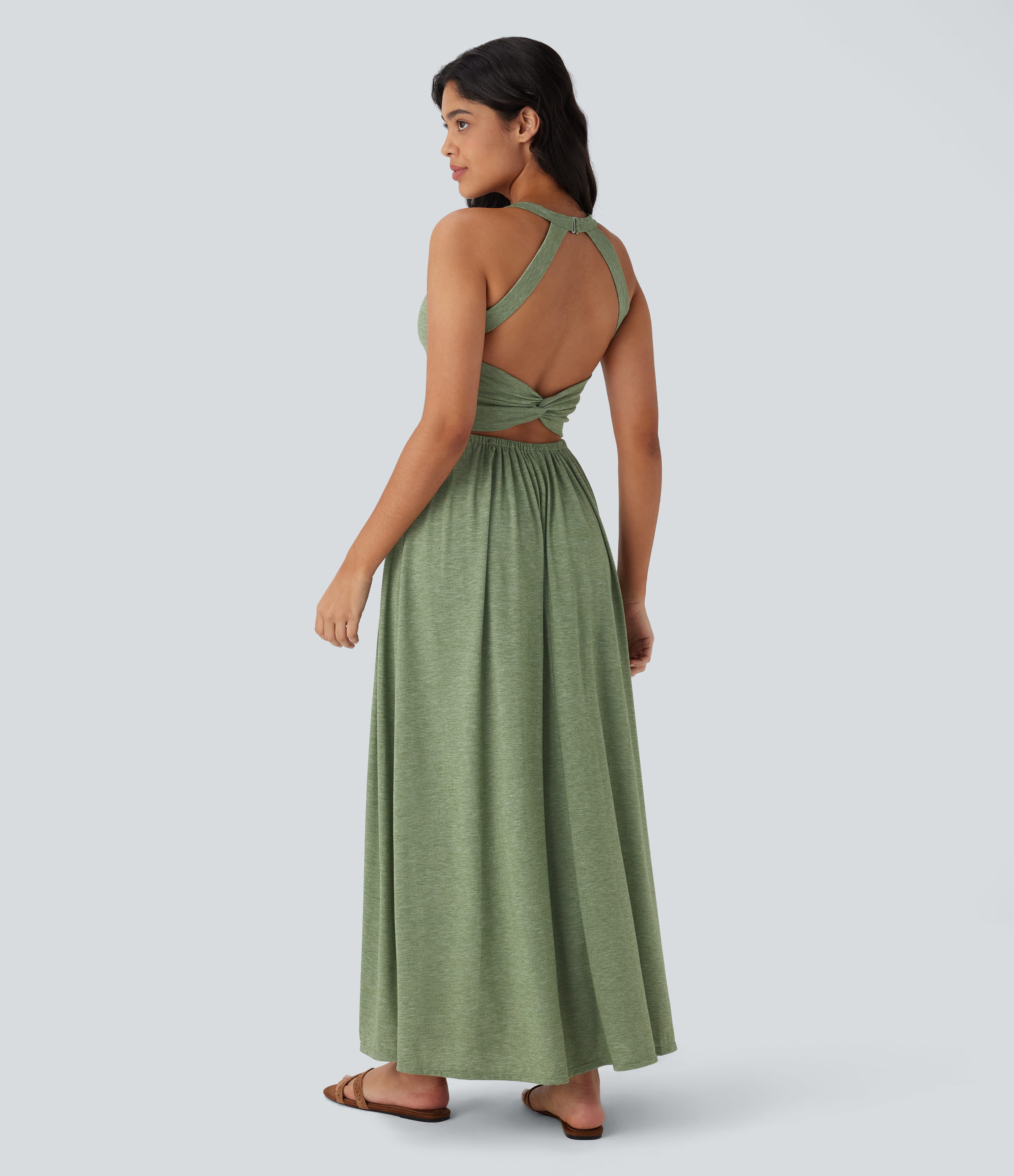 Robe longue fluide fendue avec poches latérales, dos nu et effet torsadé
