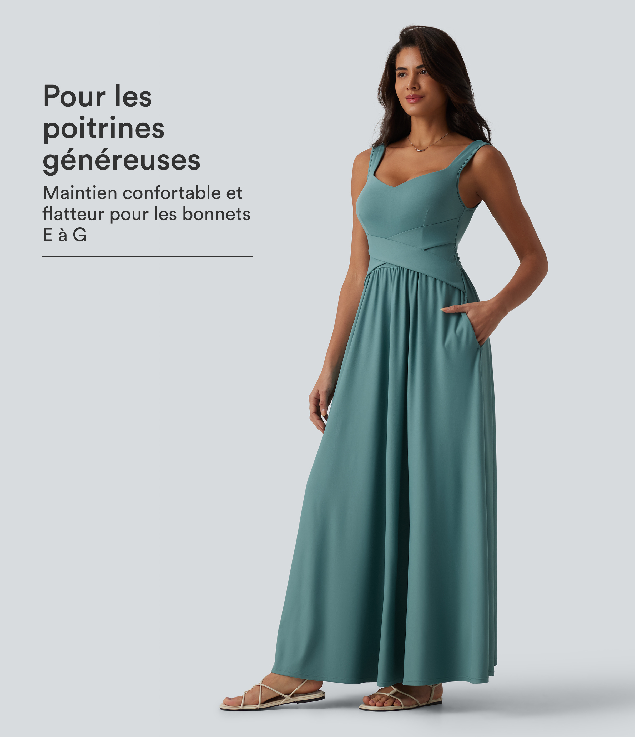 Robe longue fluide sans manches avec brassière intégrée (Bonnets E-G) et poches