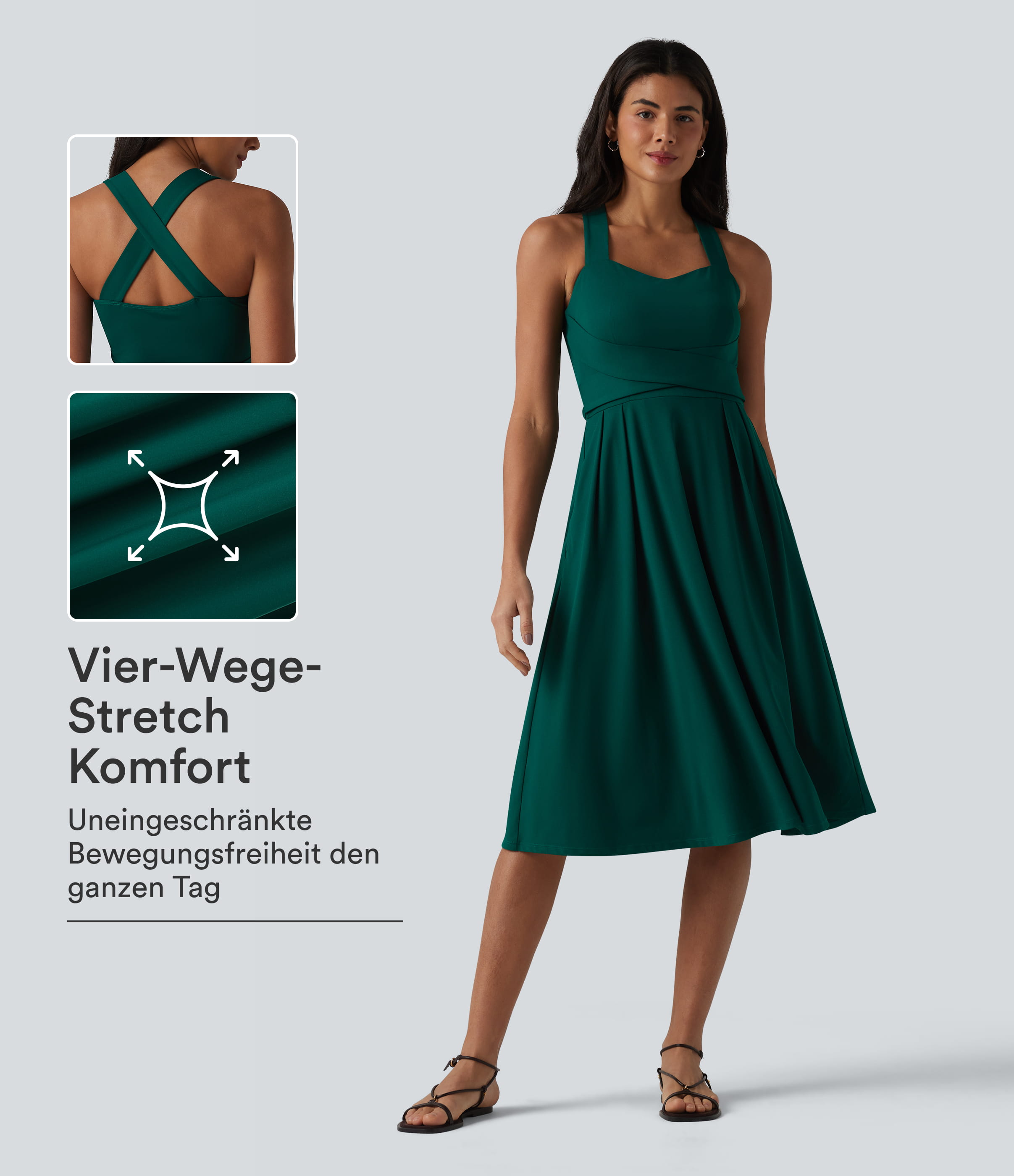Ärmelloses, fließendes Midikleid mit Herzausschnitt, Seitentaschen und überkreuztem Rückendesign