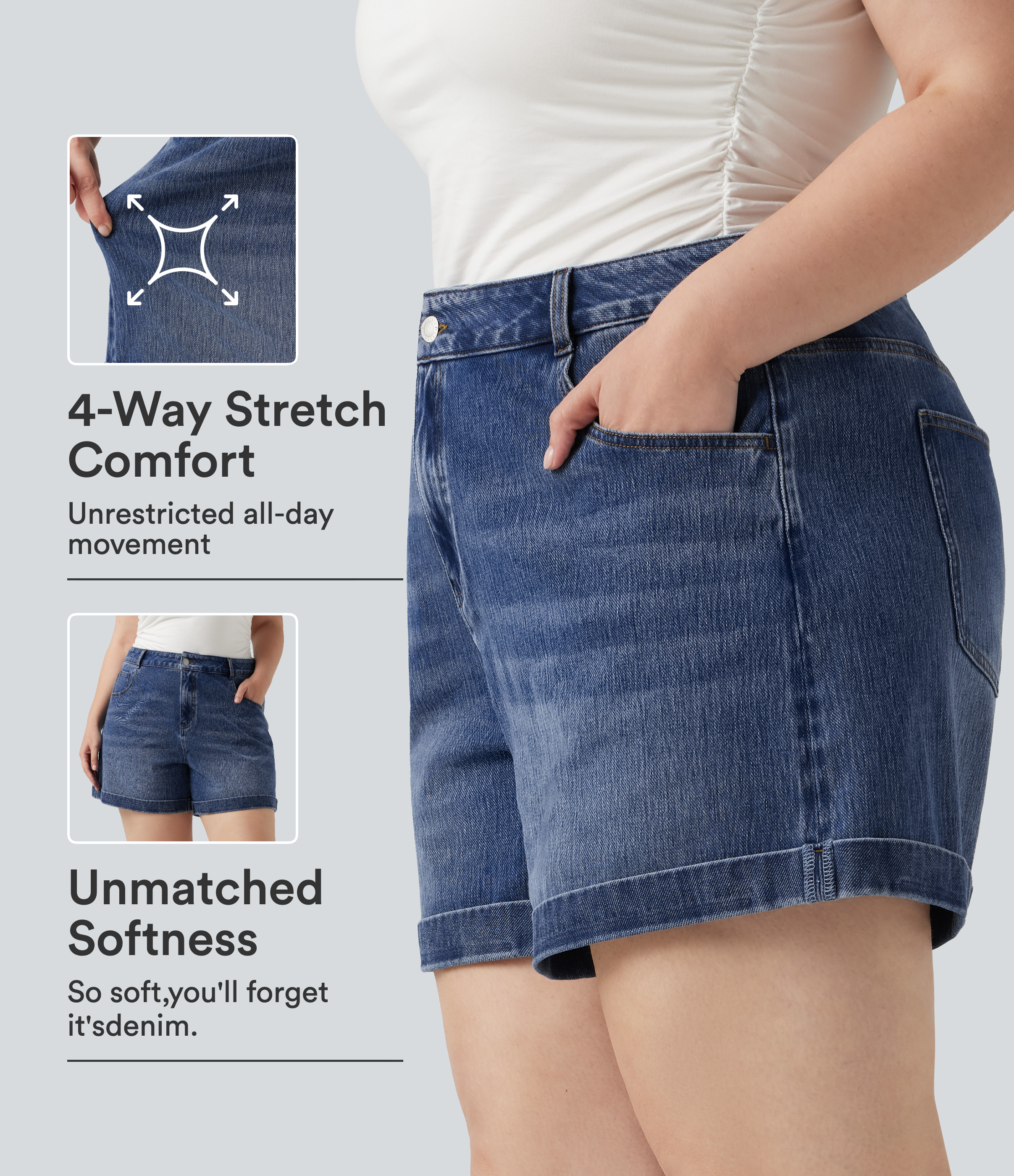 Plus Size Halara Flex™ Mid Rise Rolled Hem Denim Casual Shorts 5'' with Pockets