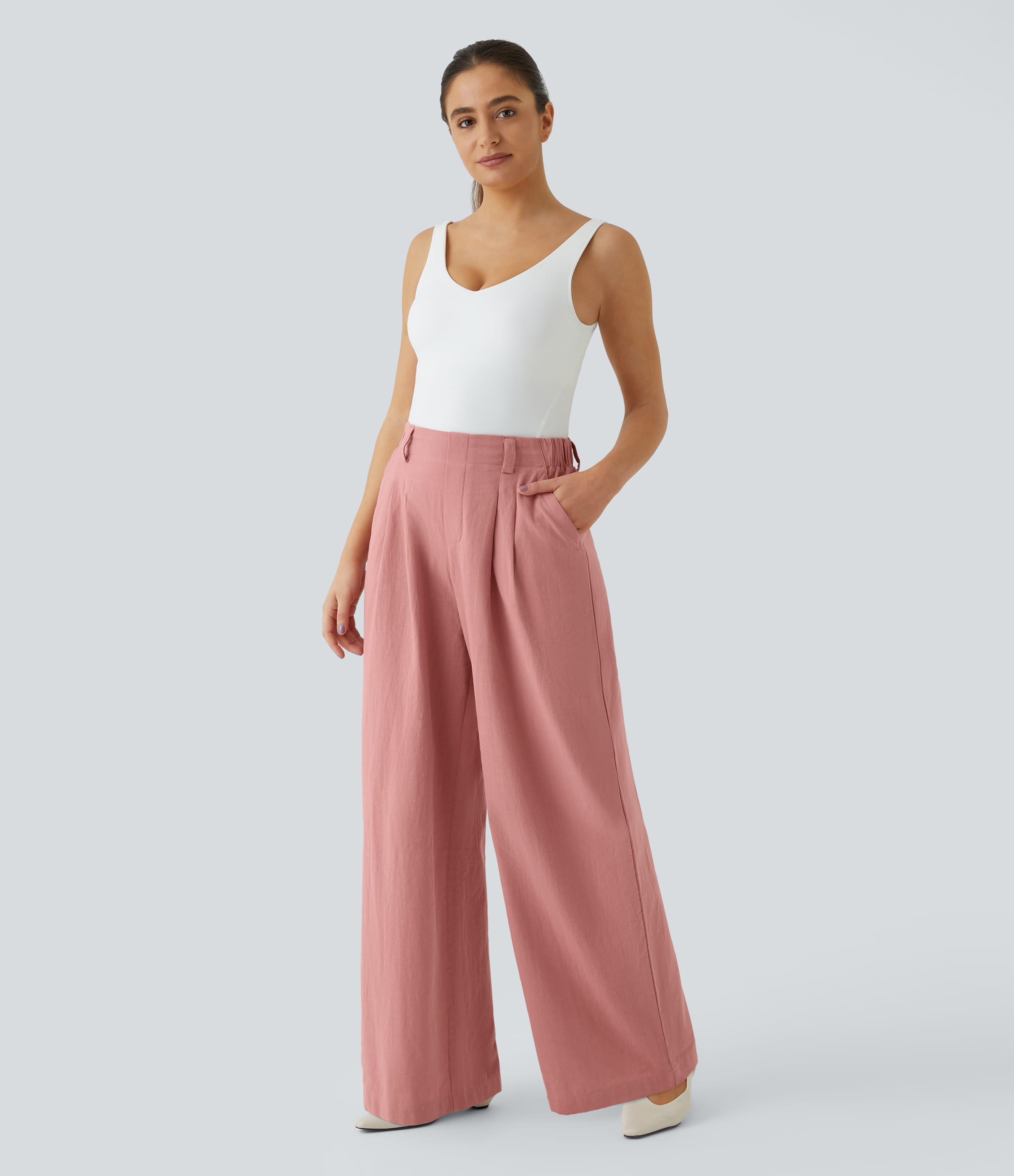 Rosette High Waisted Pocket Wide Leg Flowy Solid Palazzo Casual Linen-Feel Pants / 2