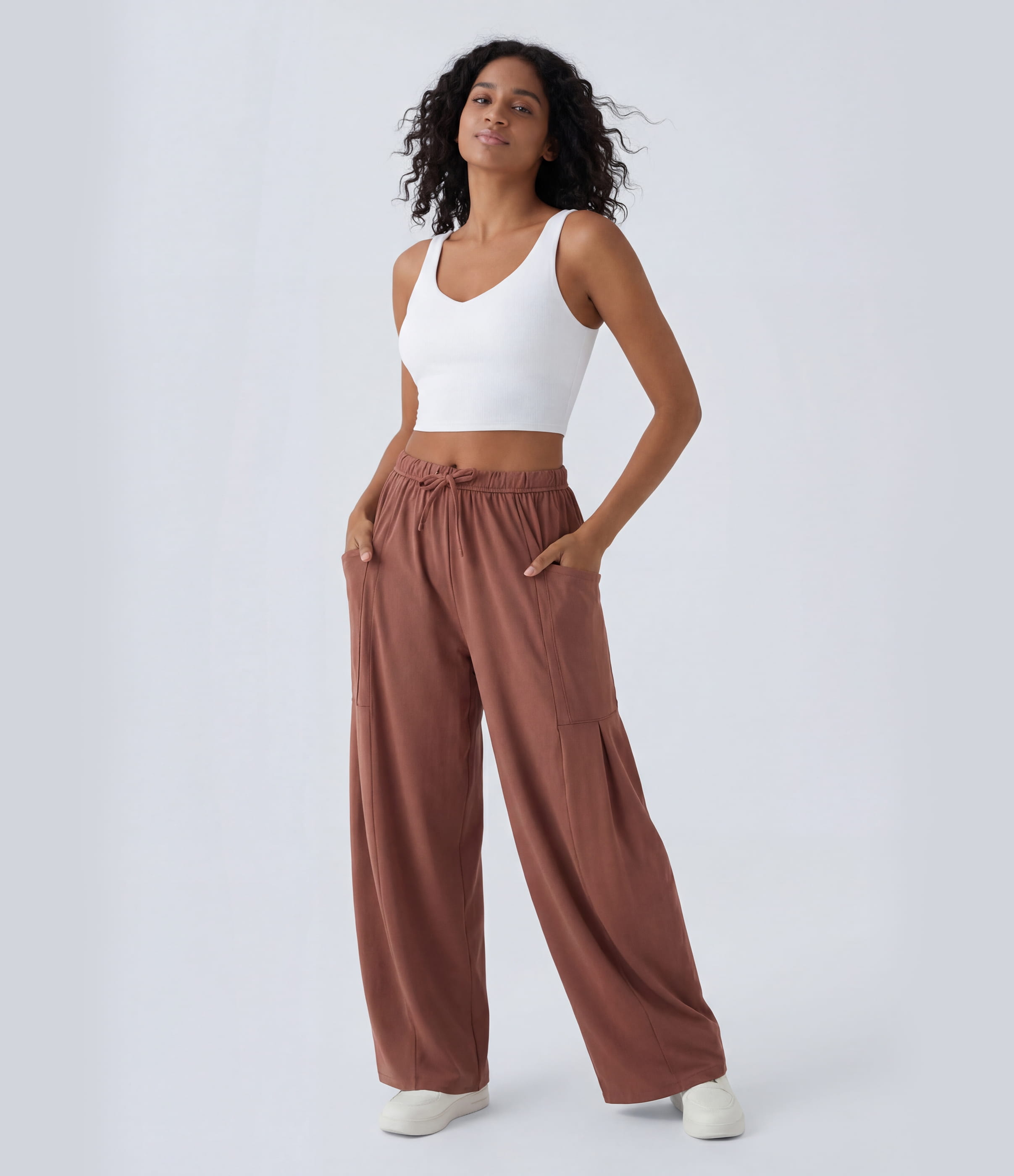 Maple Syrup Mid Rise Elastic Waistband Drawstring Pocket Palazzo Flowy Wide Leg Baggy Casual Pants / 2