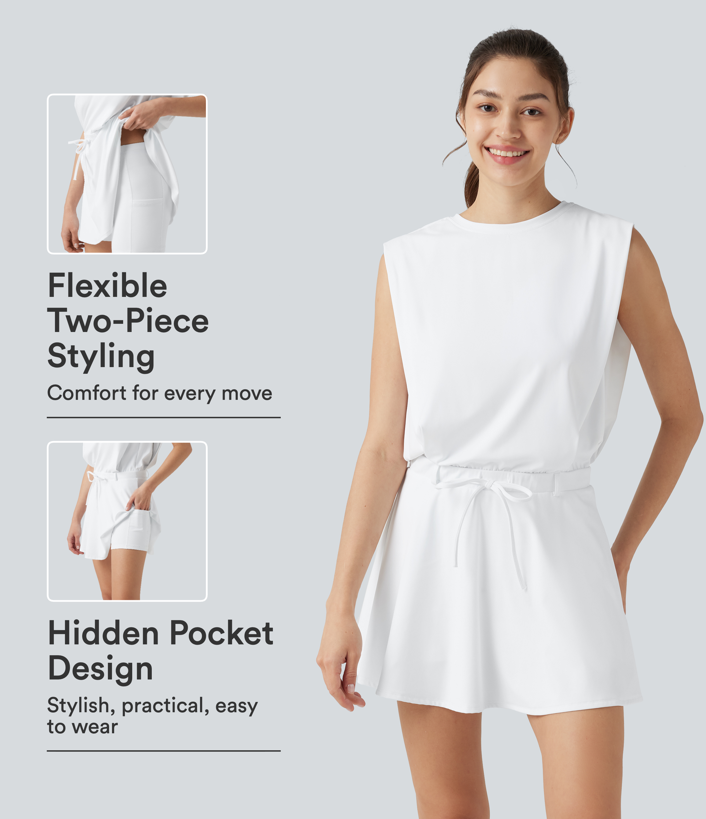 SoftlyZero™ Airy Round Neck Sleeveless Drawstring InstantCool 2-Piece Mini Workout Active Dress with Pockets-UPF50+
