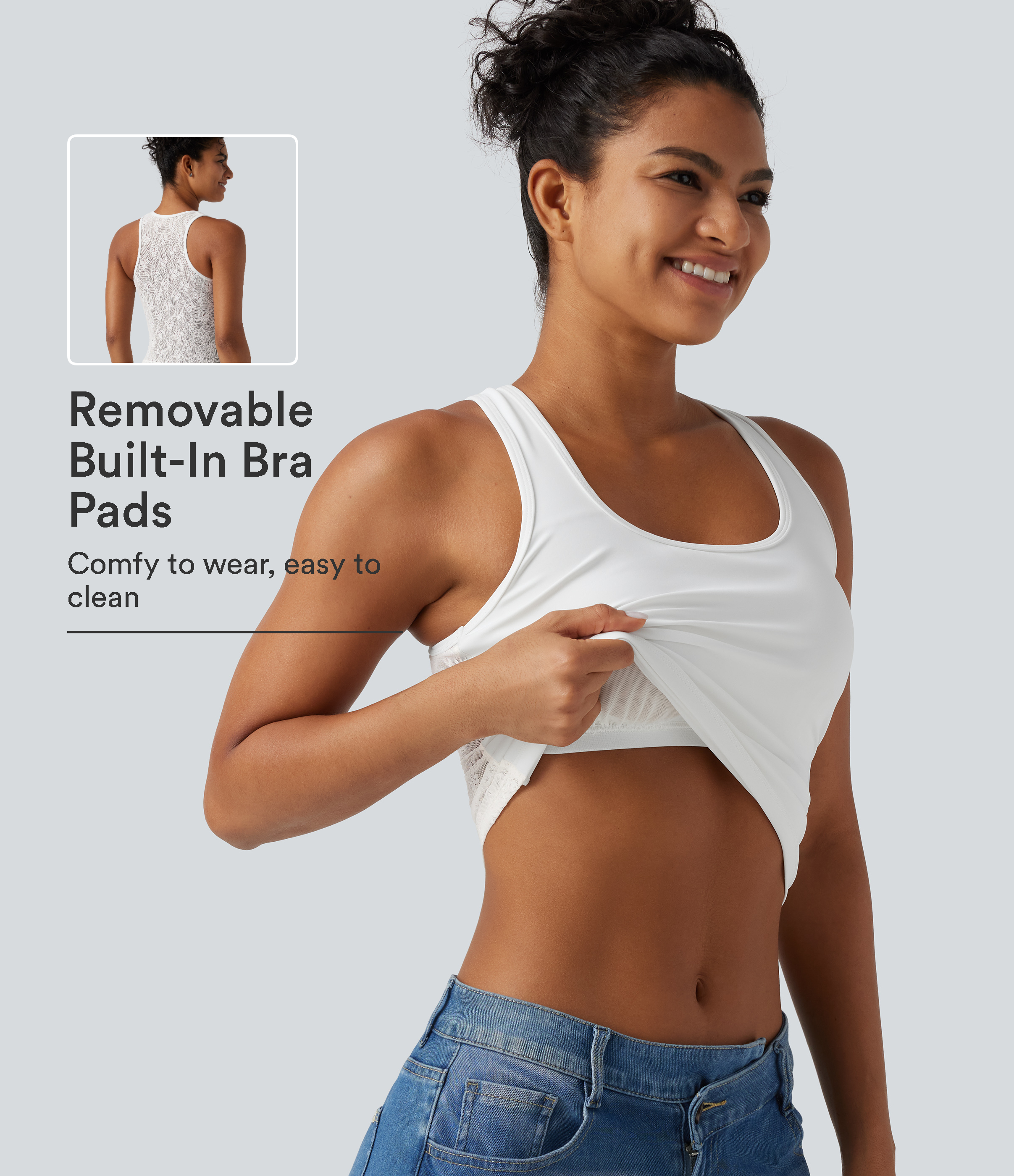 SoftlyZero™ Airy U Neck Built-in Bra Contrast Lace Cut Out Cool Touch Casual Tank Top