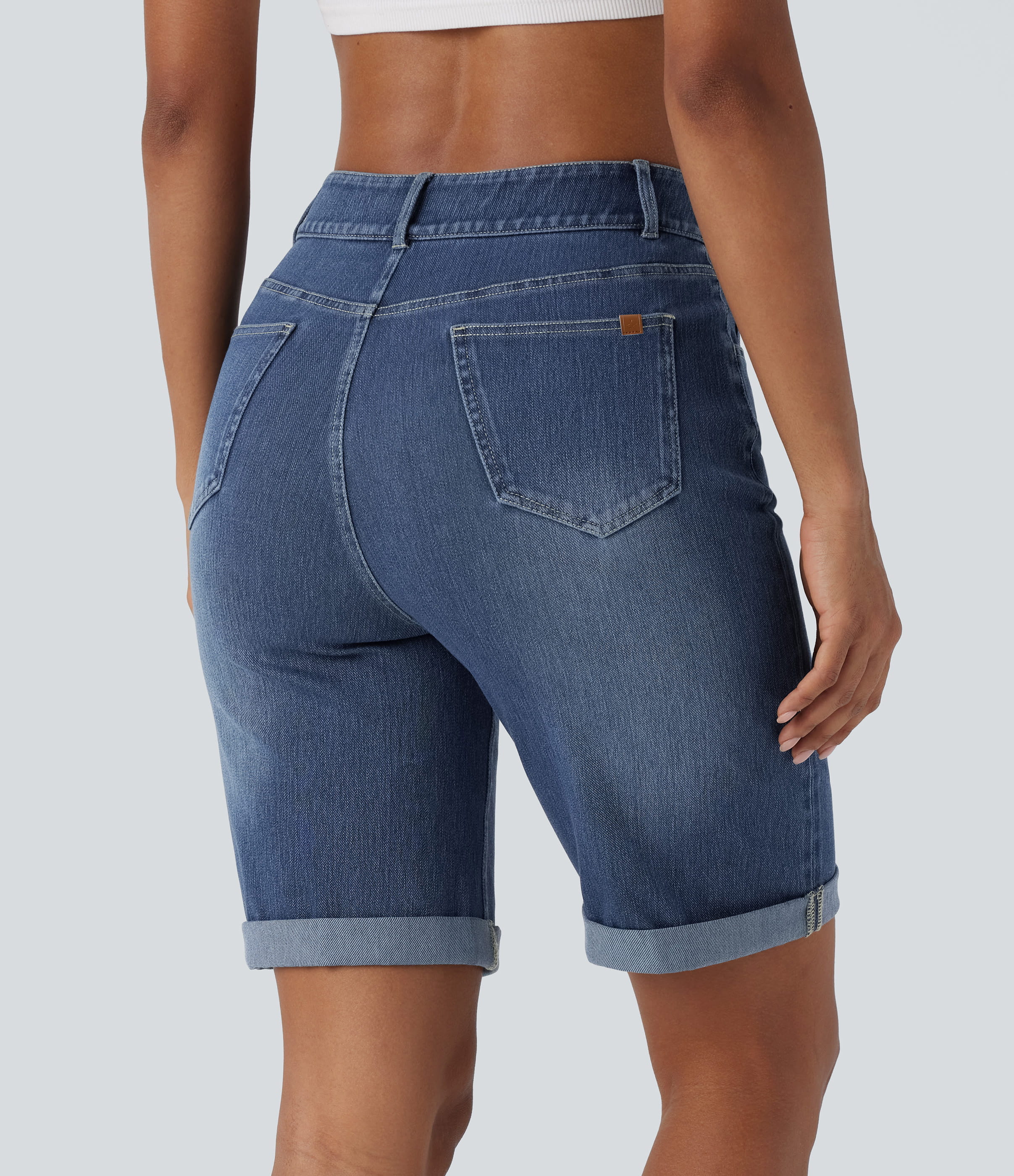Paint Blue Denim Halara Flex™ High Waisted Pockets Rolled Hem Washed Denim Casual Bermuda Shorts / 2