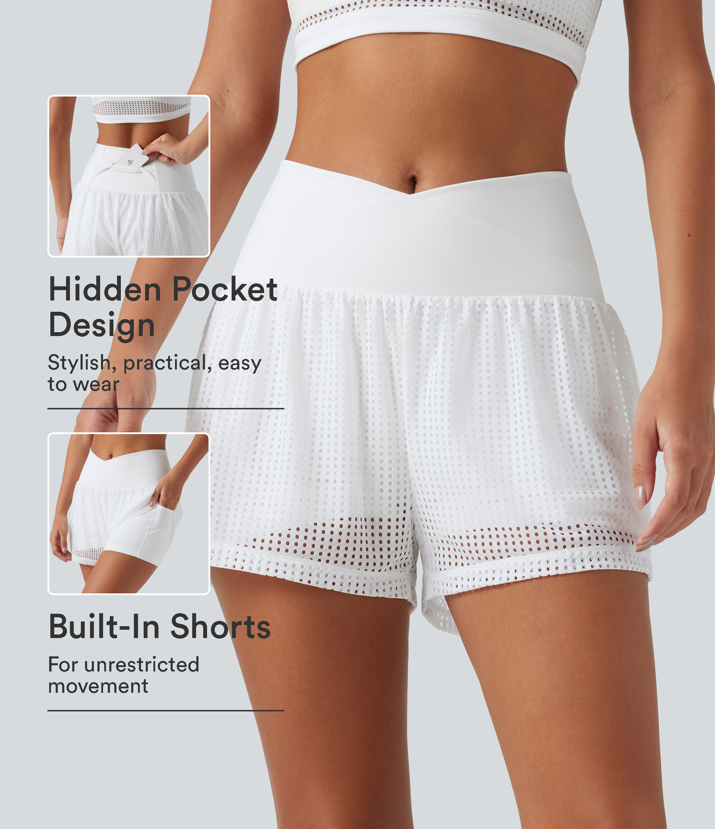 SoftlyZero™ QuickDry Crossover High Waisted 2-in-1 Eyelet Yoga Shorts 3'' with Pockets