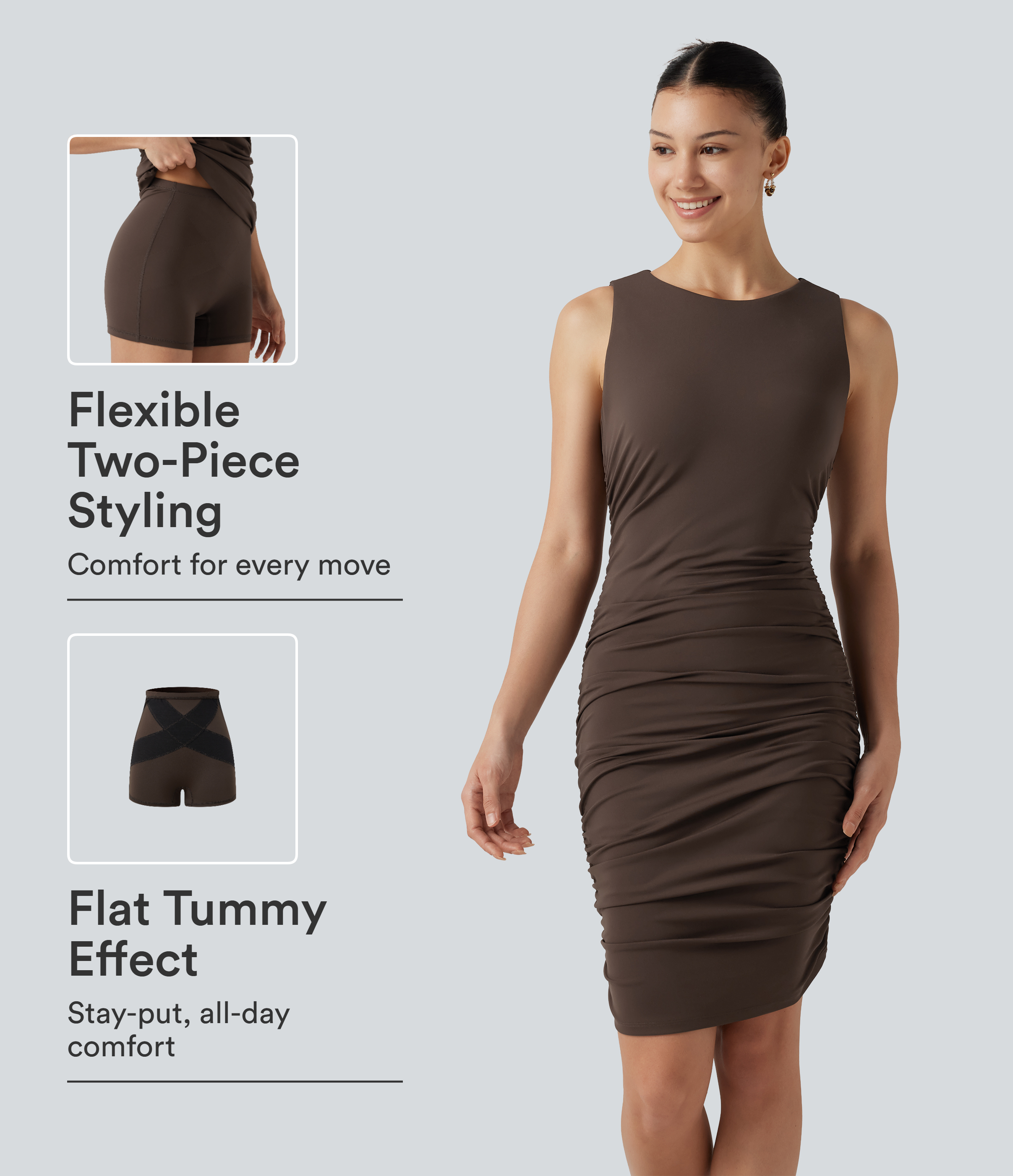 SoftlyZero™ Airy Round Neck Sleeveless Ruched Built-in Bra 2-Piece Cool Touch Casual Bodycon Dress with Tummy Control Shorts