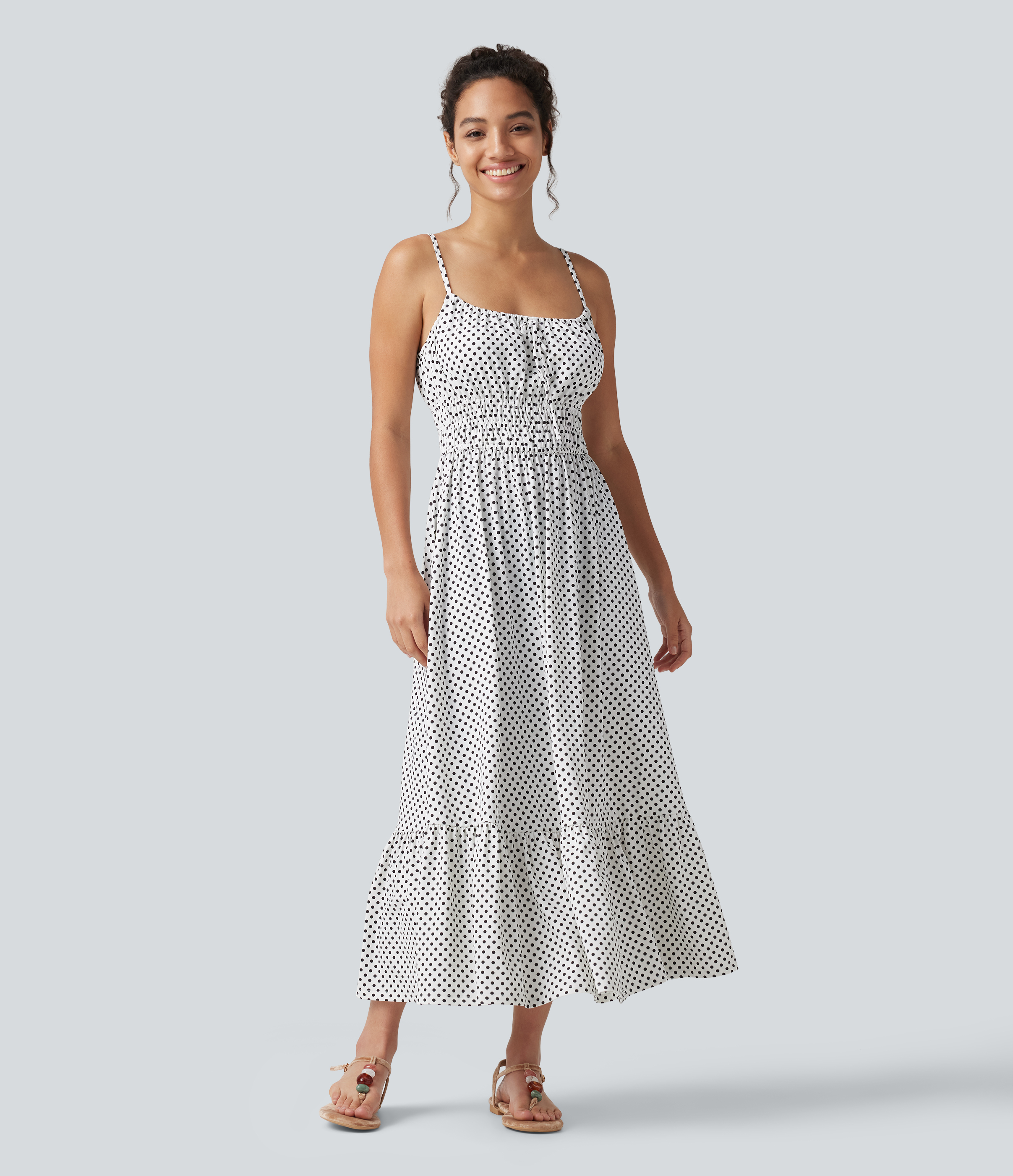 Tie Front Polka Dot Flowy Midi Casual Slip Dress