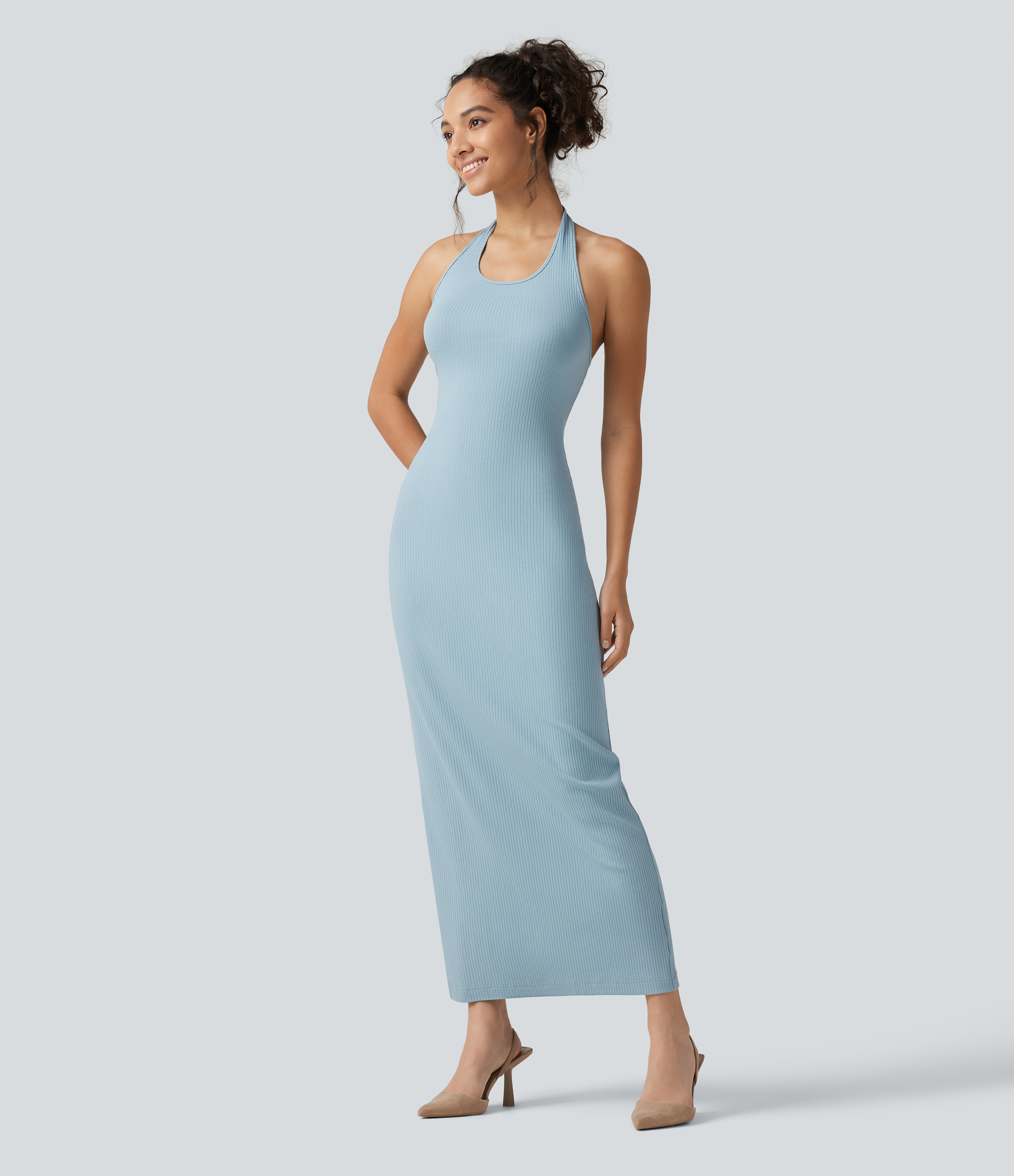 Light Foggy Blue Ribbed Knit Halter Bodycon Midi Dress / 2