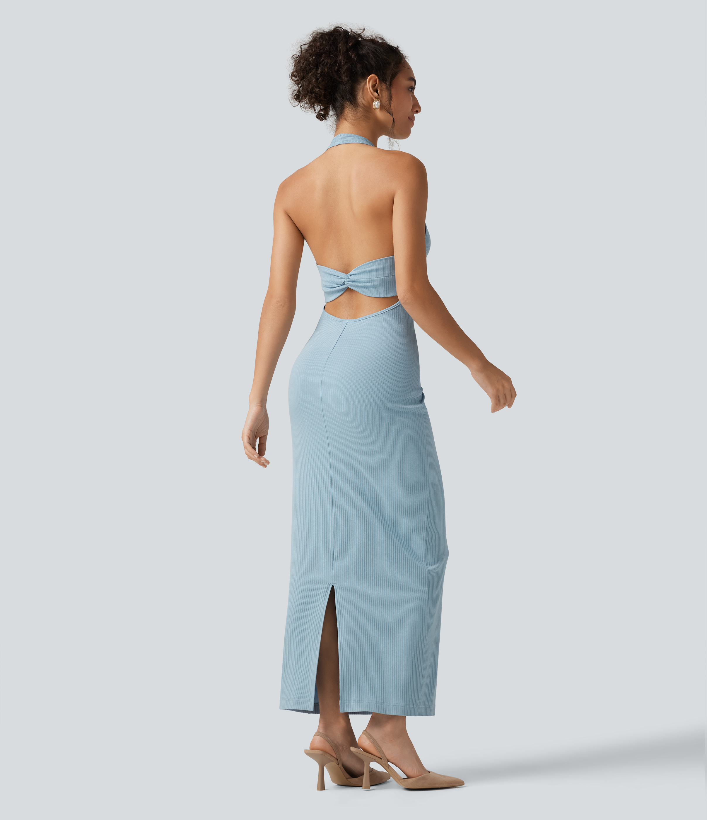 Ribbed Knit Halter Bodycon Midi Dress
