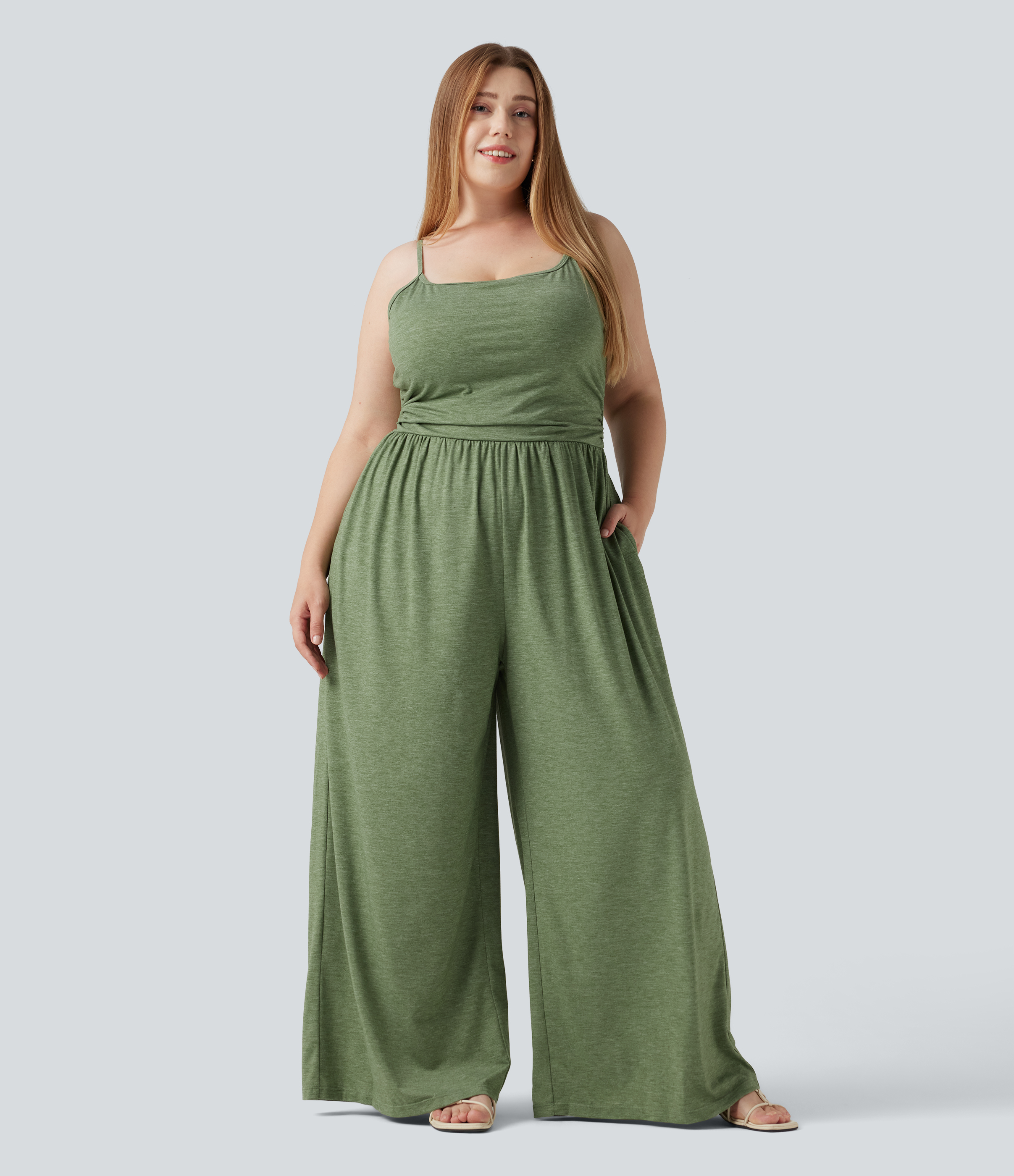 Plus Size Built-in Bra Ruched Wide Leg Heathered Casual Jumpsuit with Pockets-Easy Peezy Edition