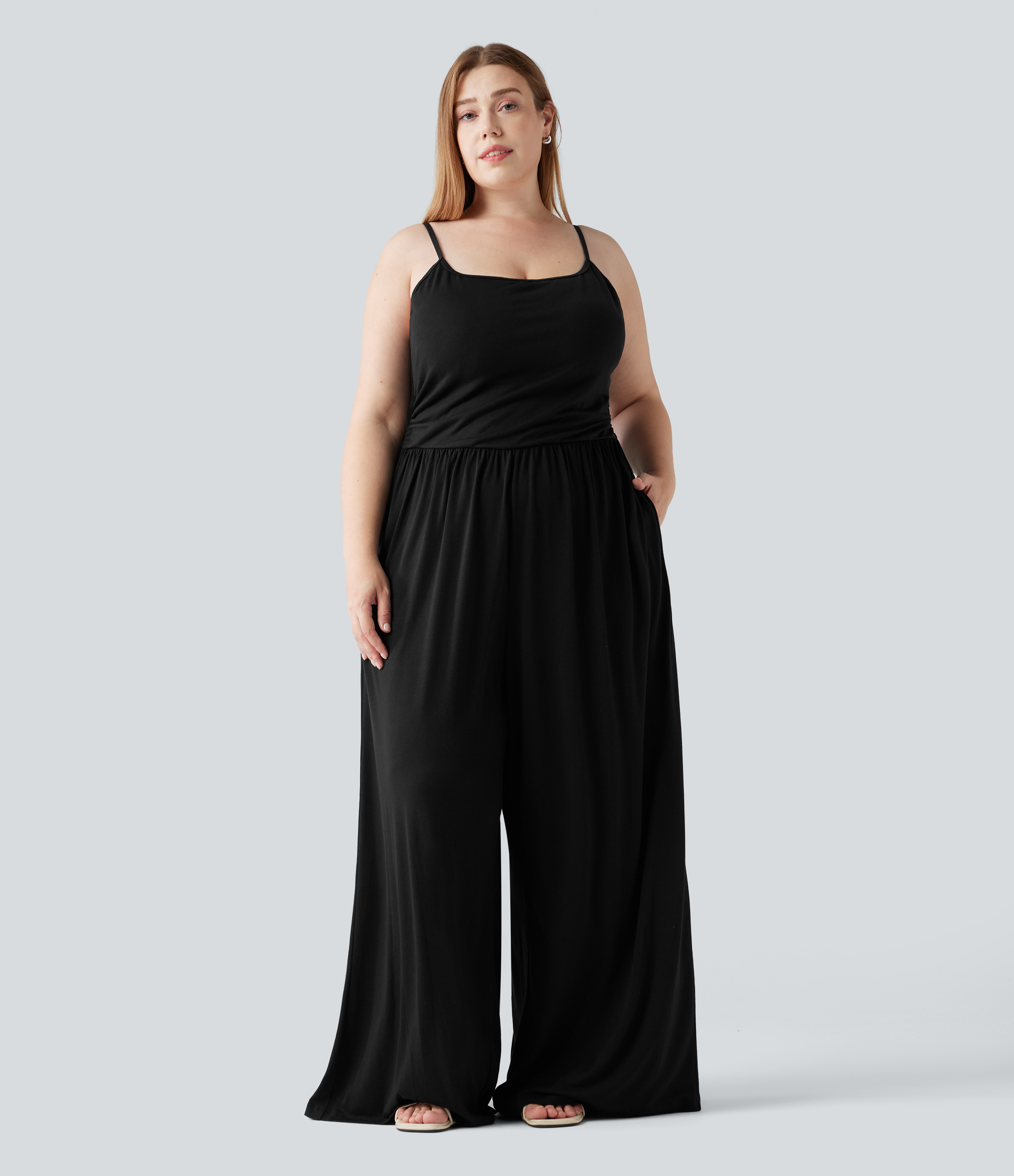 Plus Size Built-in Bra Ruched Wide Leg Heathered Casual Jumpsuit with Pockets-Easy Peezy Edition