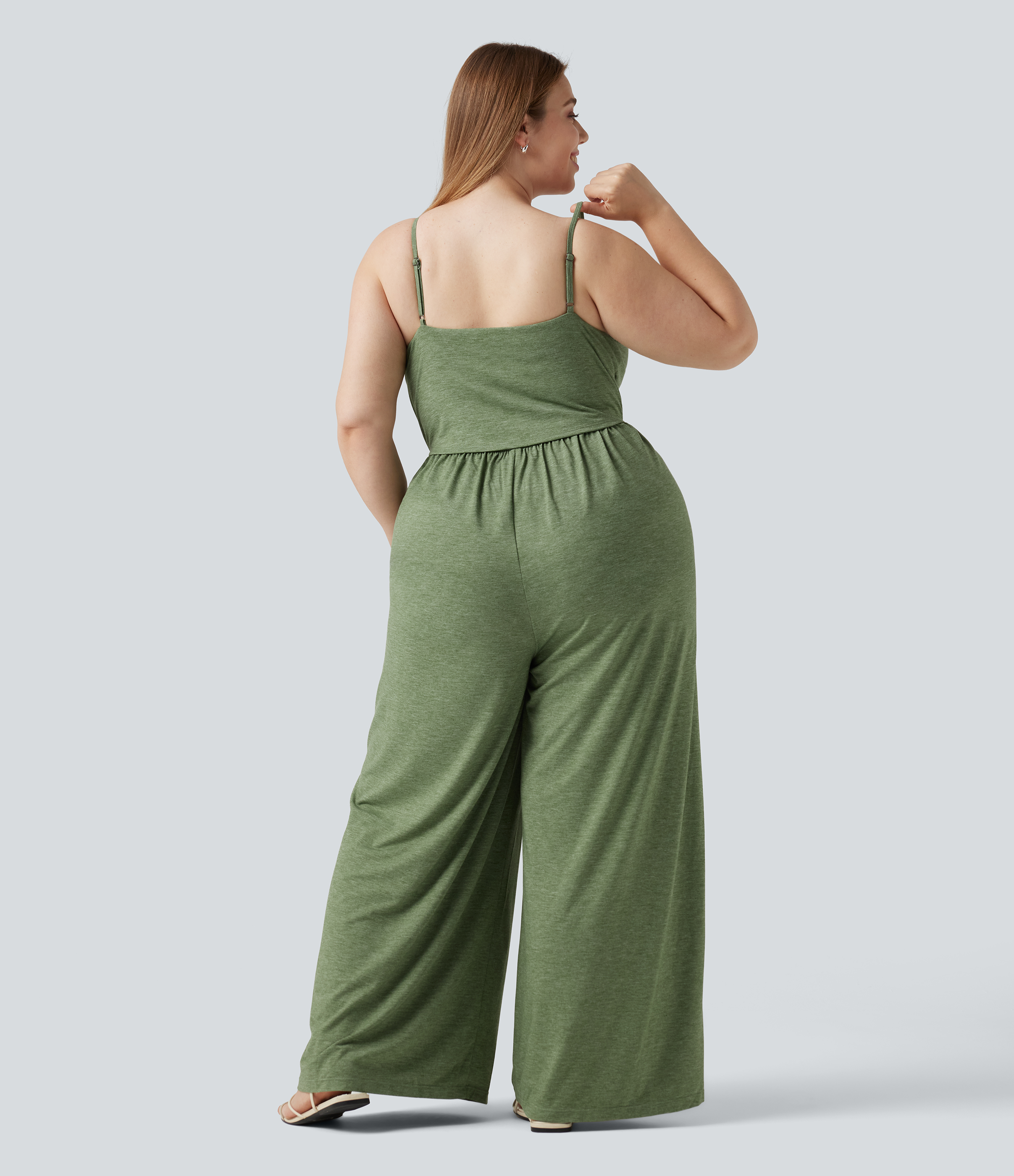 Light Green Floral Yarn Jumpsuit i plus-size med integrert BH, rynket, vide ben, melert stoff, avslappet stil og lommer - Easy Peezy Edition / 2
