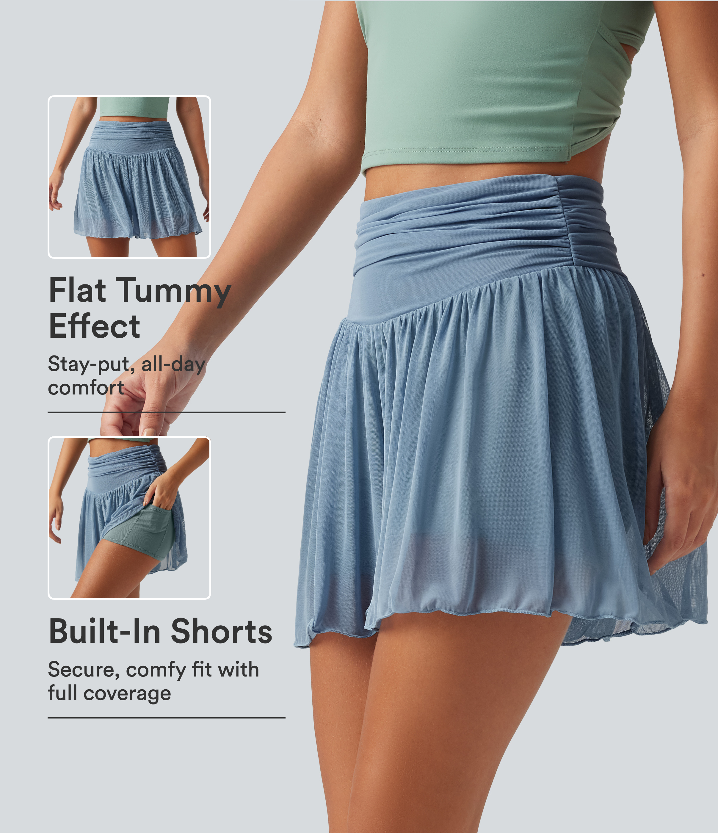 Lässige, geraffte 2-in-1 Shorts mit hohem Bund, Seitentaschen, Bauchkontrolle und Kontrast-Mesh - 7,6 cm