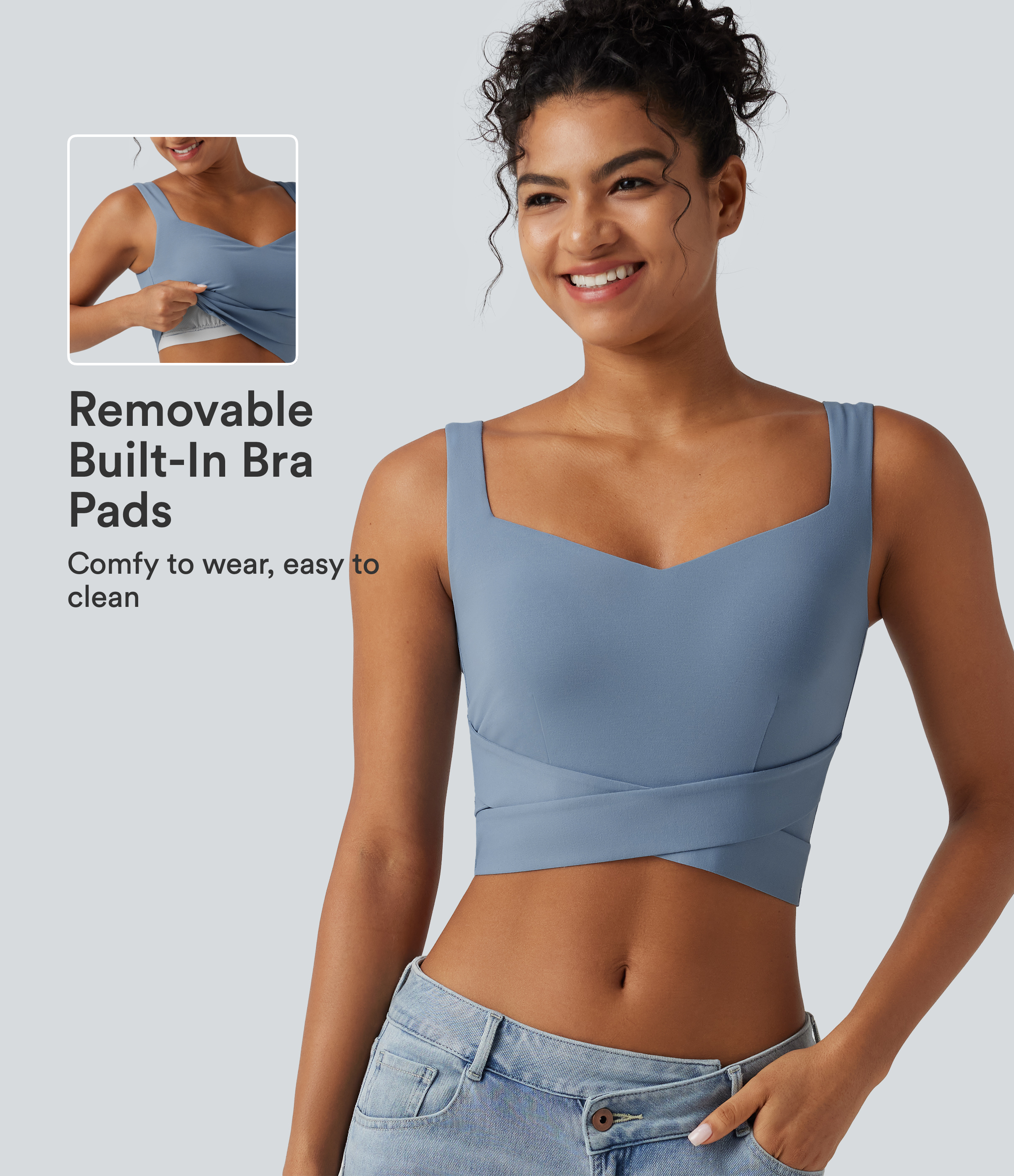 Diamond Collar Built-in Bra Crossover Hem Cropped Casual Tank Top