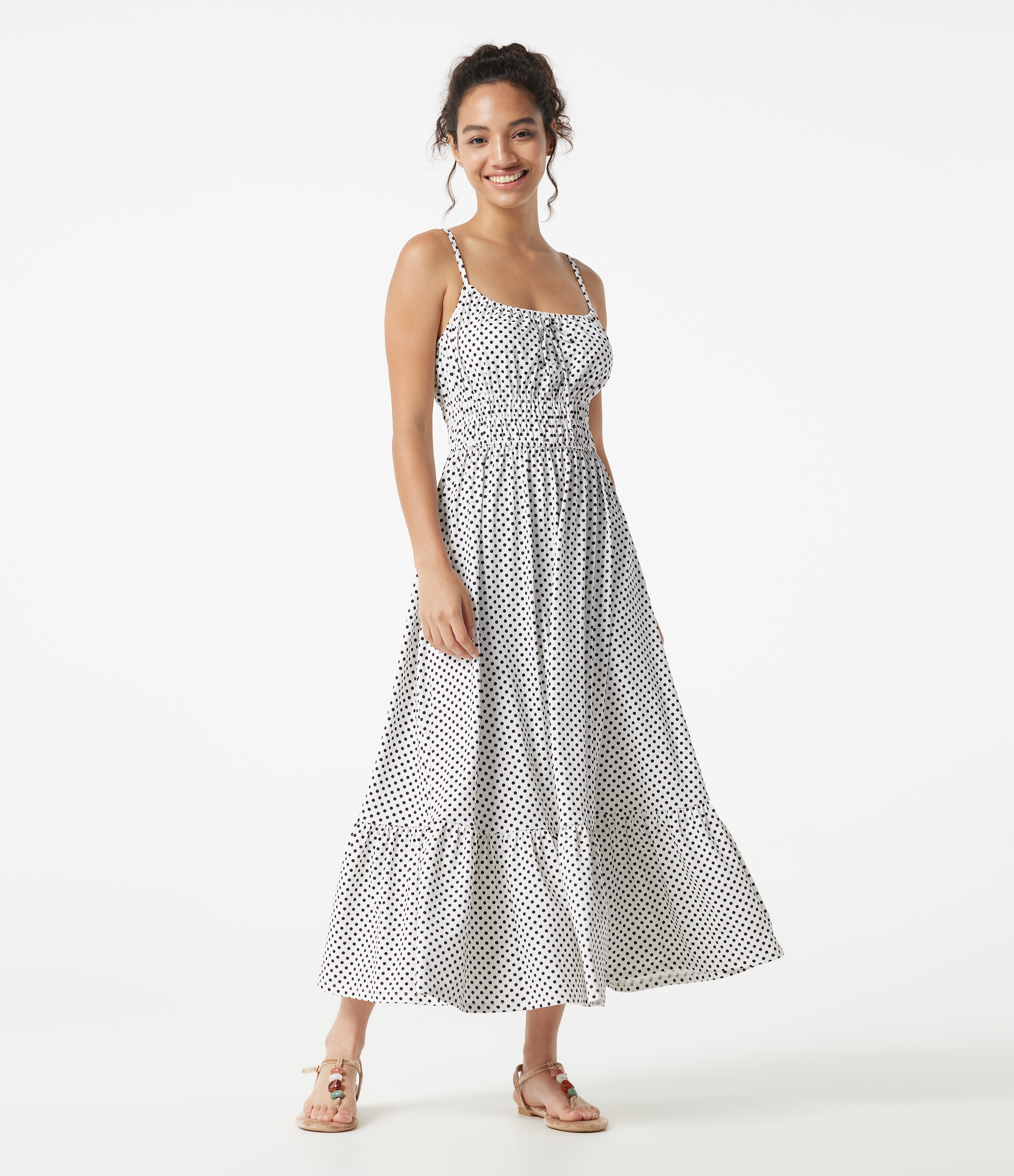 Tie Front Polka Dot Flowy Midi Casual Slip Dress