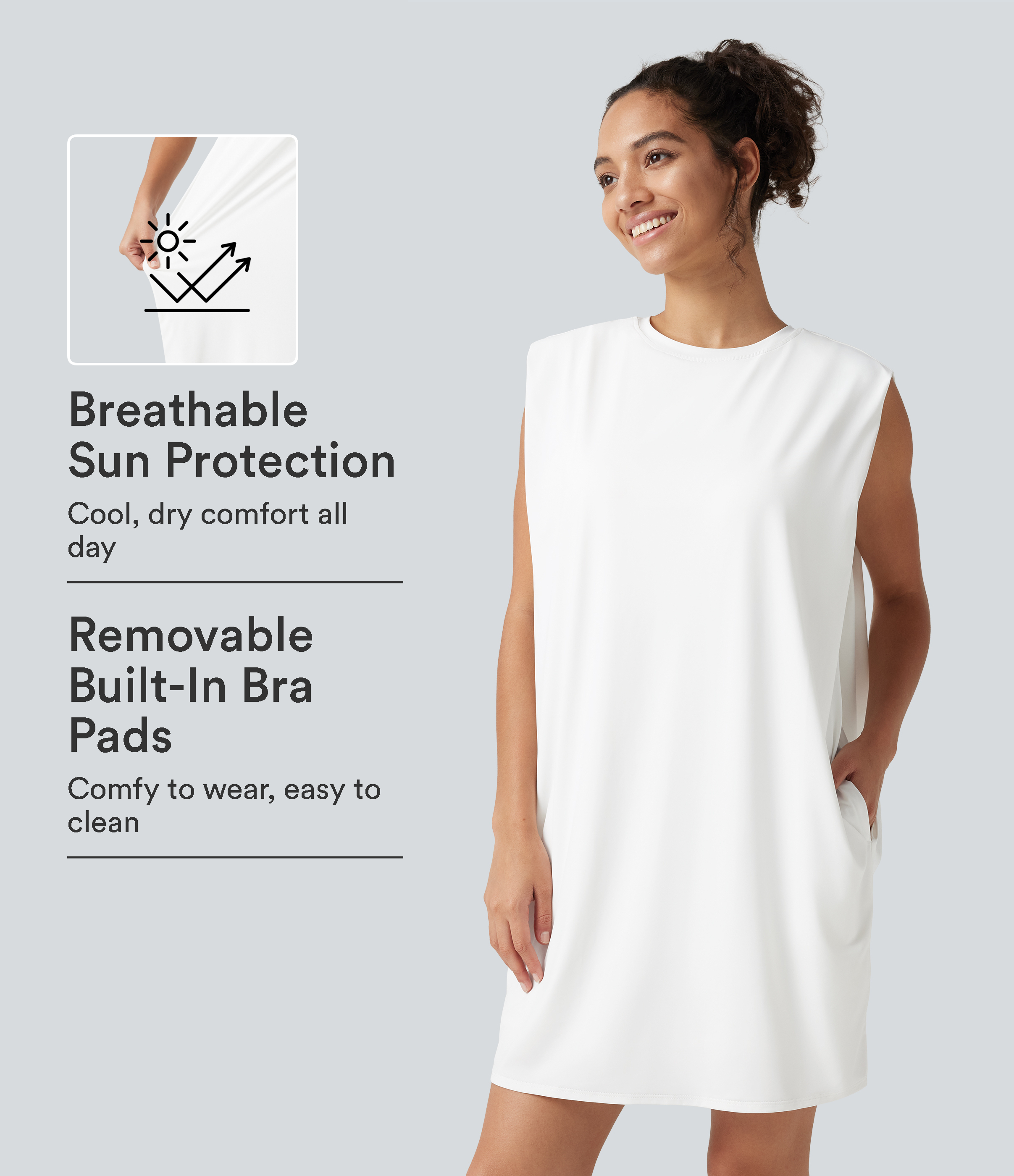 Round Neck Sleeveless Built-in Bra Cool Touch Mini Yoga Active Dress with Pockets-UPF50+