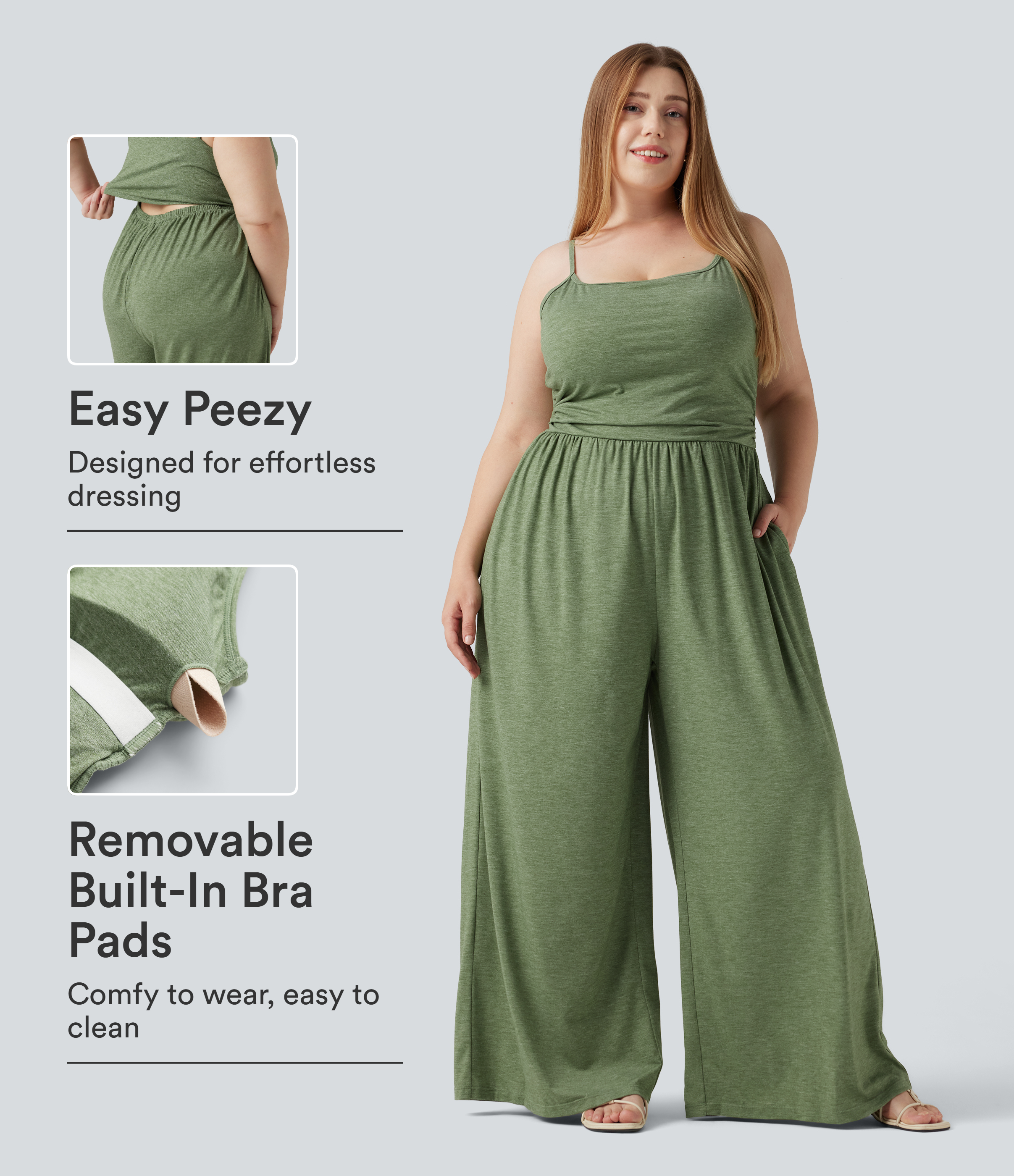 Lässiger, geraffter Jumpsuit mit Seitentaschen, integriertem BH und weitem Bein - Plus-Size, Easy Peezy Edition