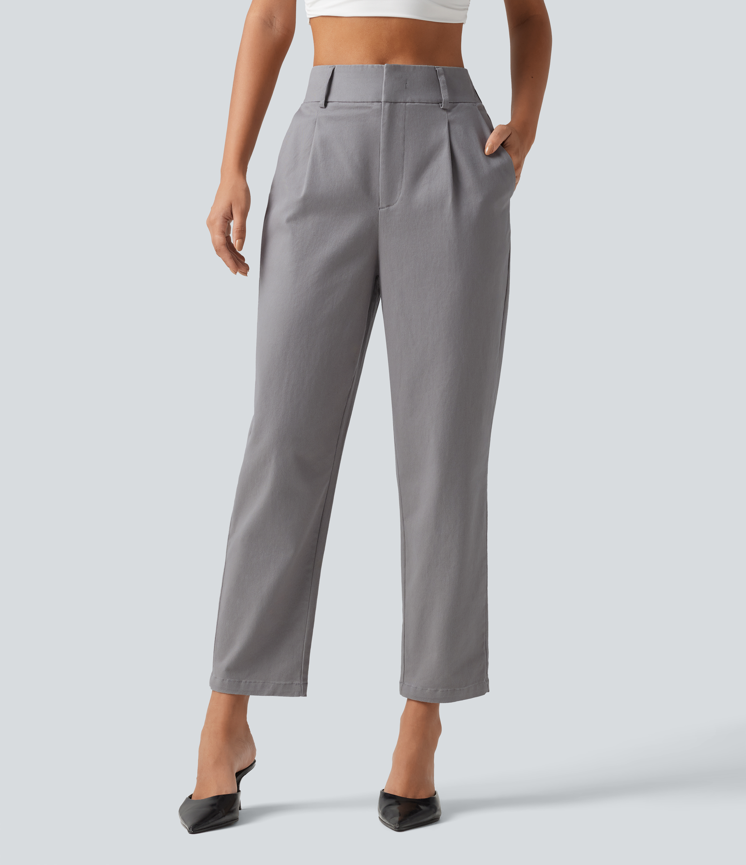 High Waisted Tapered Work Chino Cotton Pants with Pockets