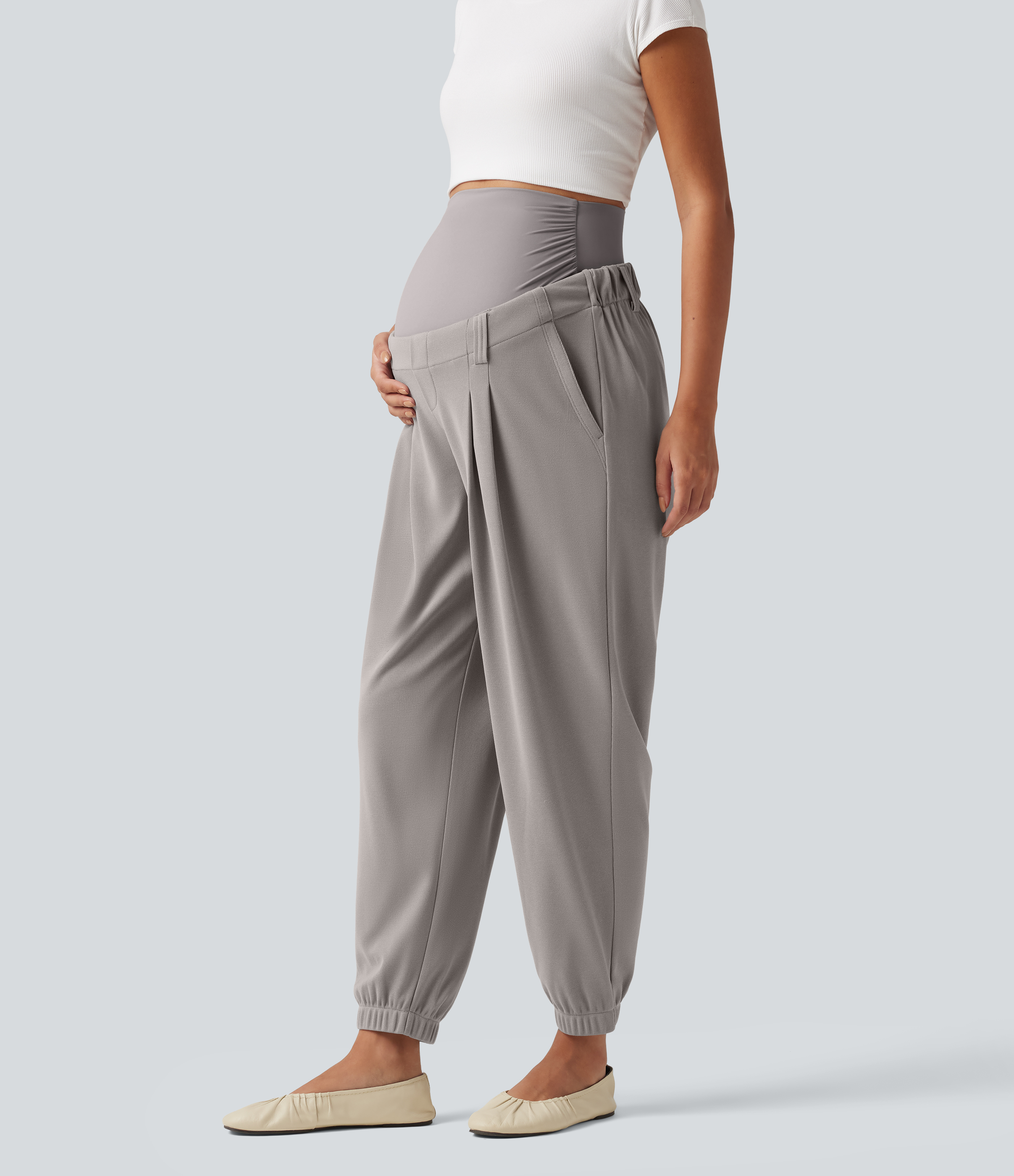 Joggers de maternité décontractés en tissu gaufré, à taille ultra-haute et coupe fuselée, avec poches