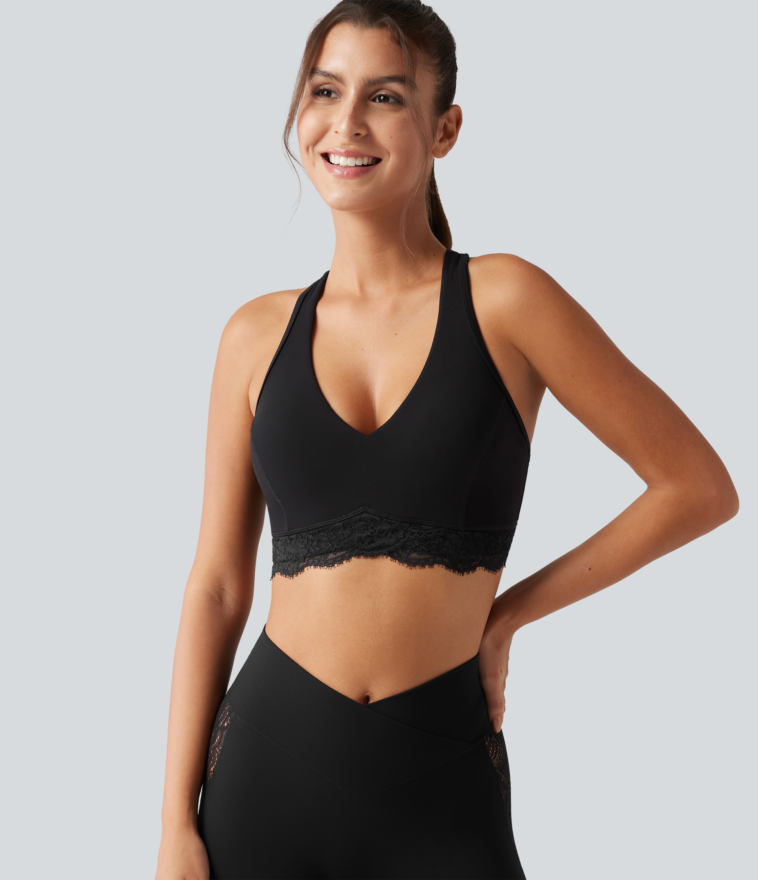 Halara UltraSculpt™ Low Support V Neck Built-in Bra Racerback Contrast Lace Workout Sports Bra