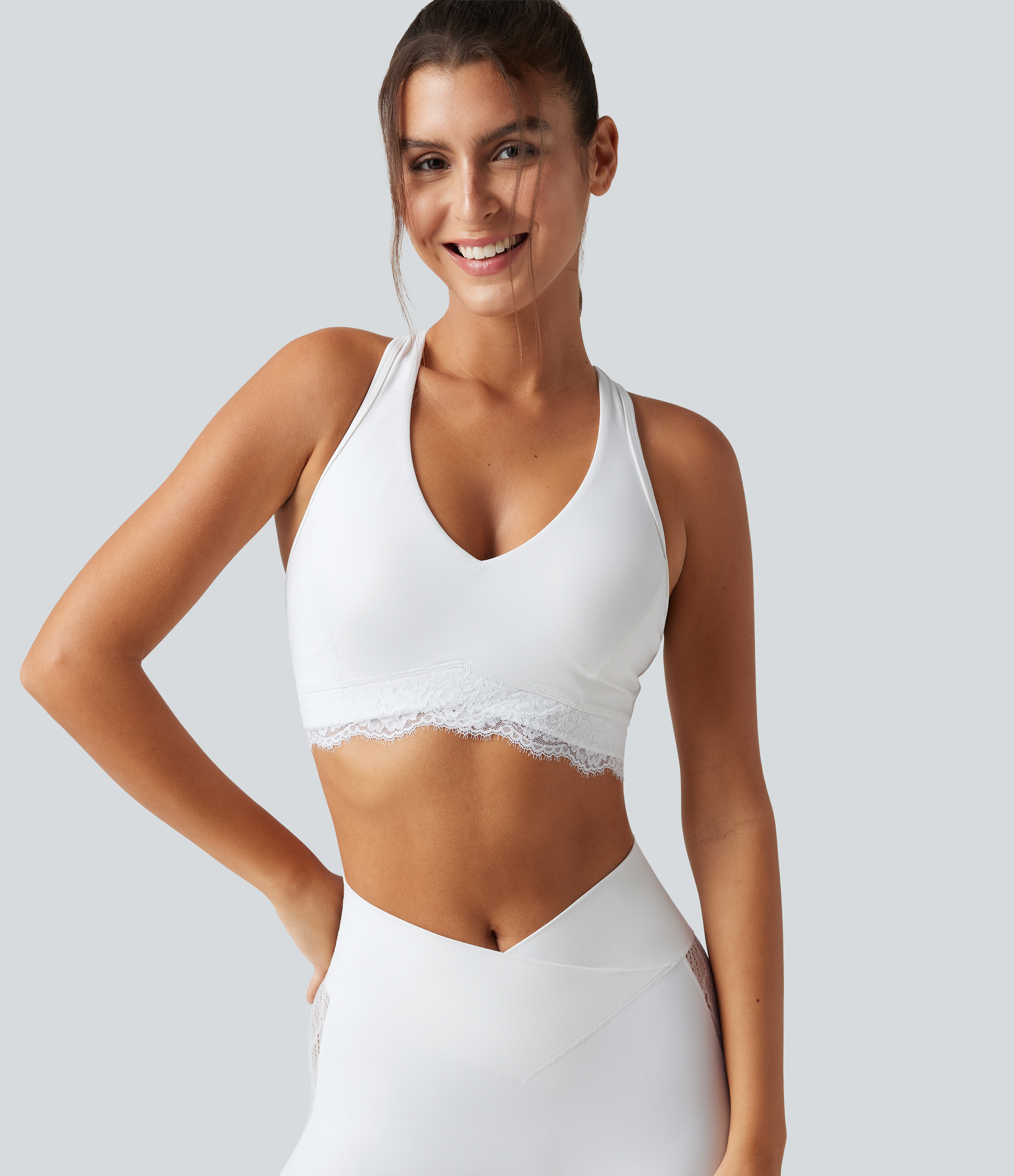 Halara UltraSculpt™ Low Support V Neck Built-in Bra Racerback Contrast Lace Workout Sports Bra