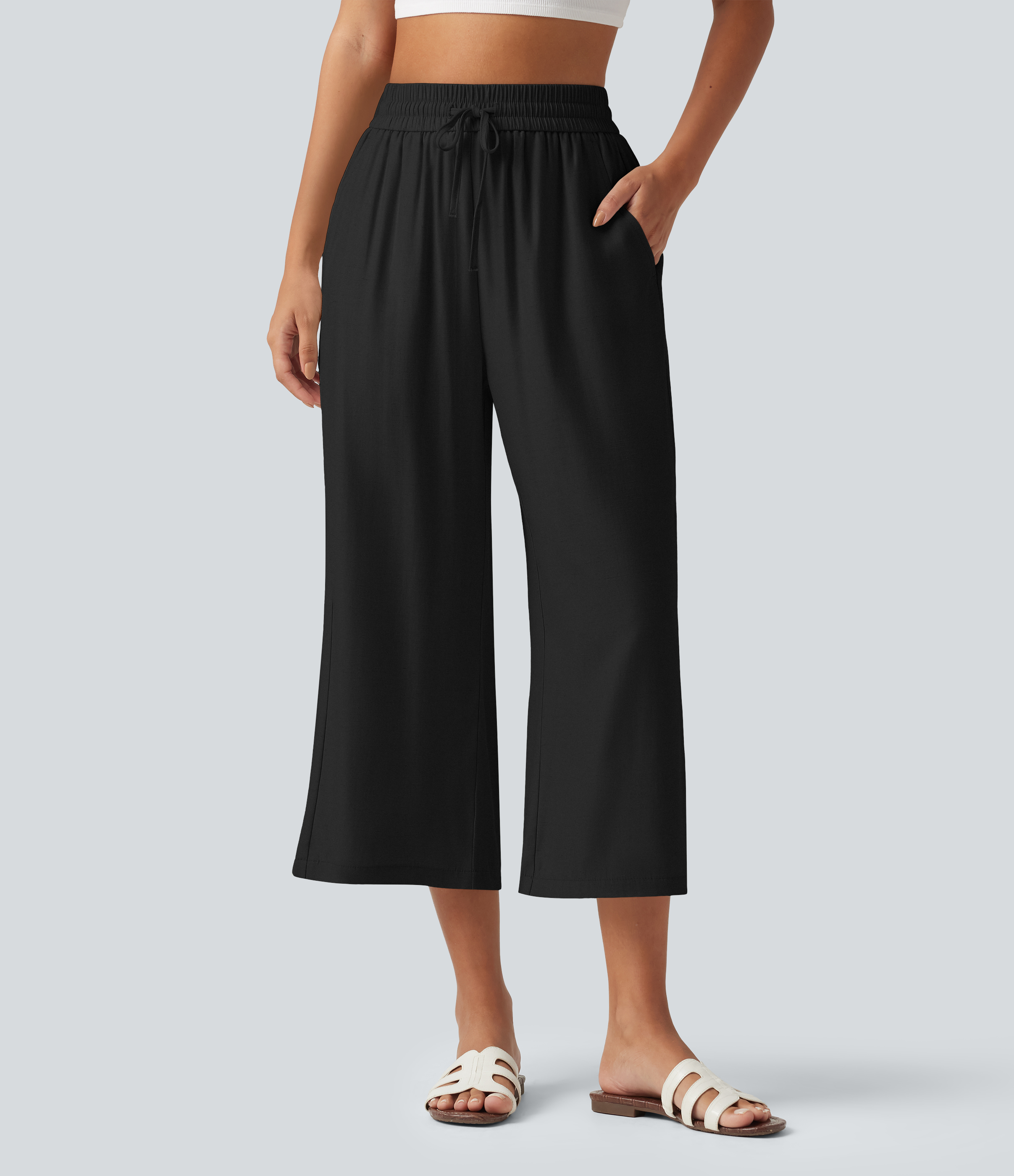 High Waisted Drawstring Wide Leg Cropped Casual Linen-Blend Pants with Pockets