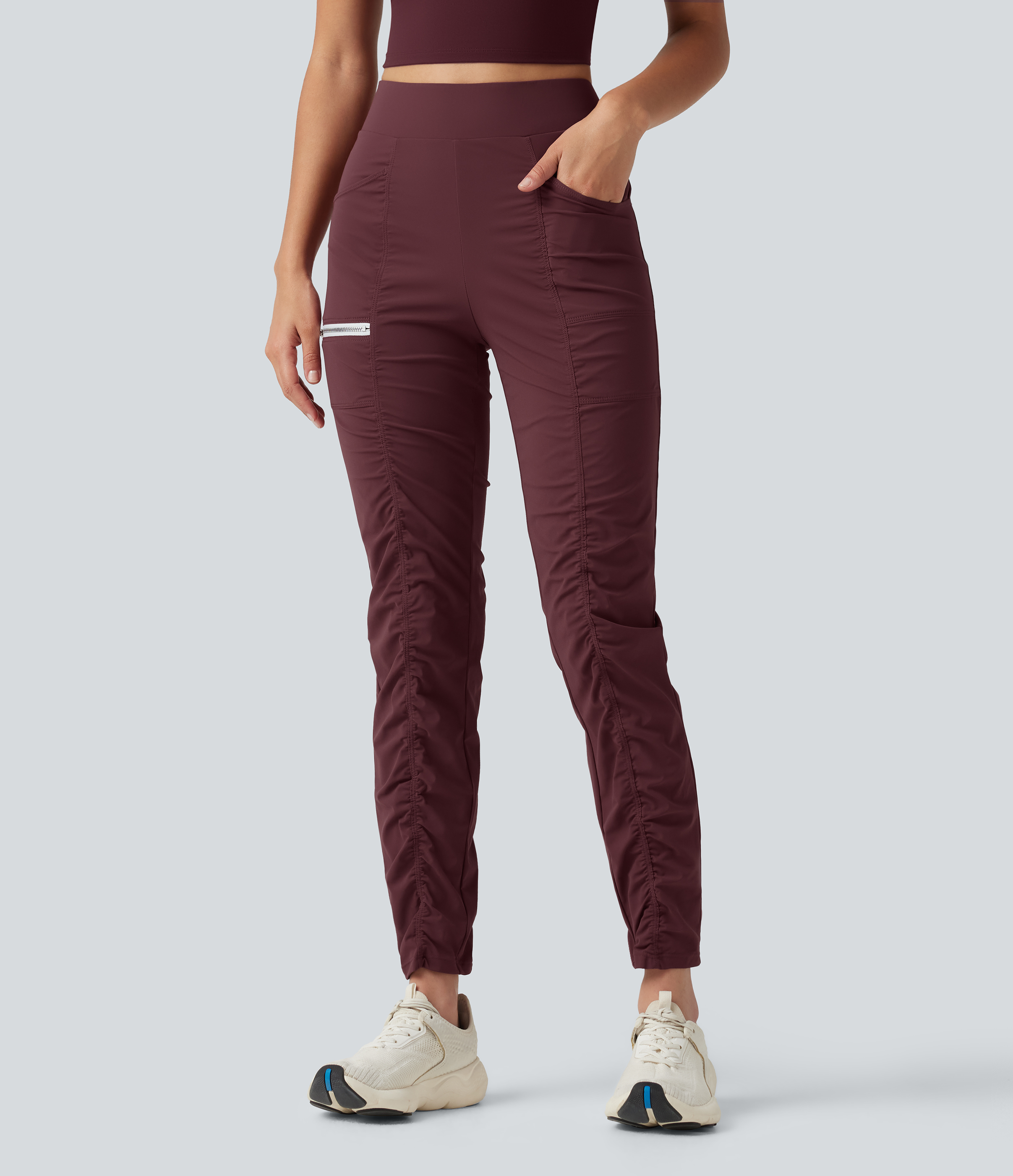 High-waisted Ruched Quick Dry Running Slim Trousers with Pockets