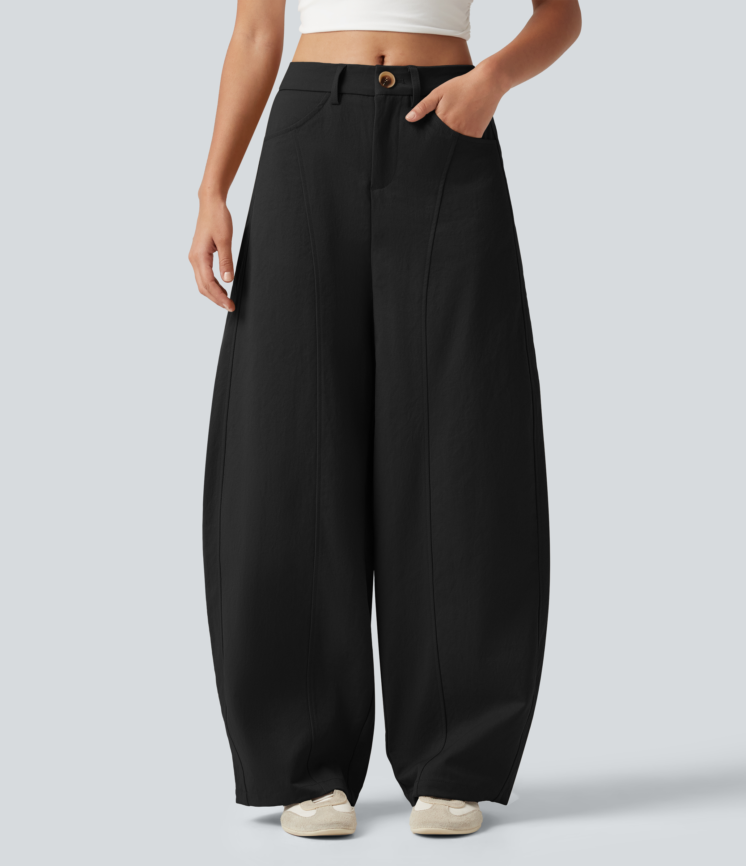 Black Pantalon casual taille mi-haute coupe barrel avec poches / 2