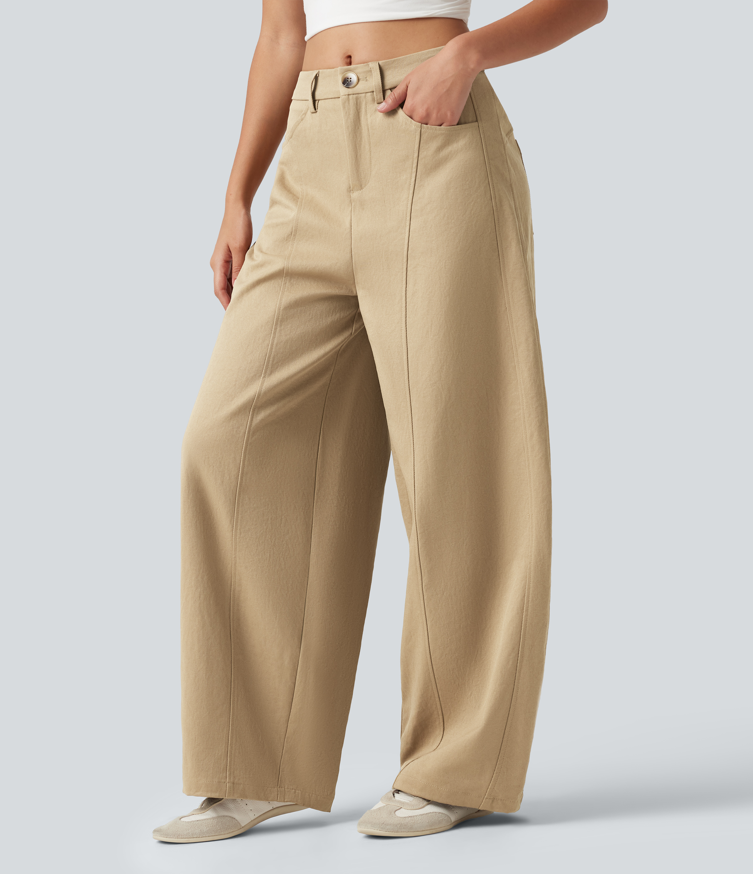 Mid Rise Casual Barrel Leg Pants with Pockets
